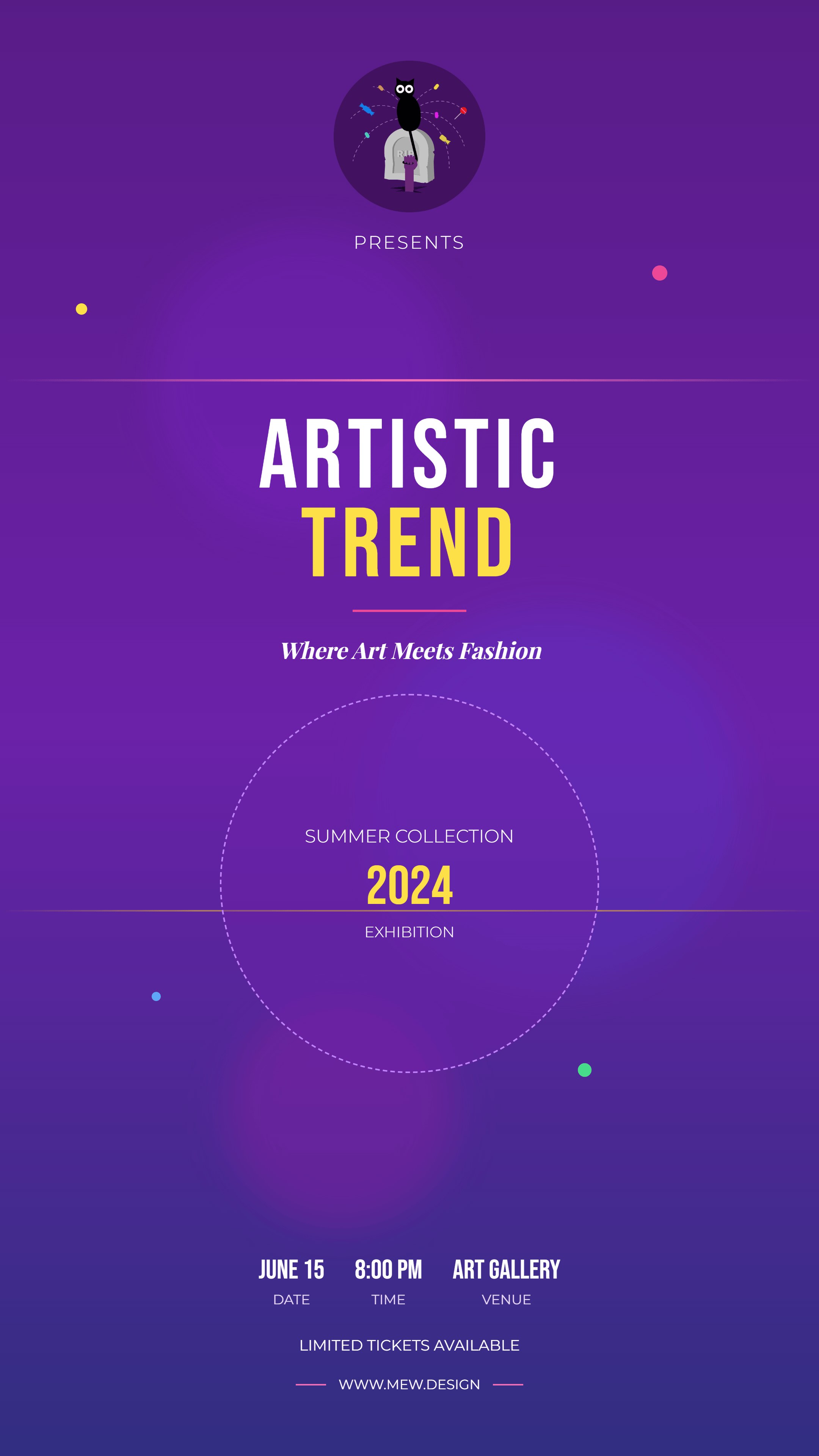 Purple artistic trend event poster with glowing dots, circular accents, bold white typography, and 2024 creative layout.