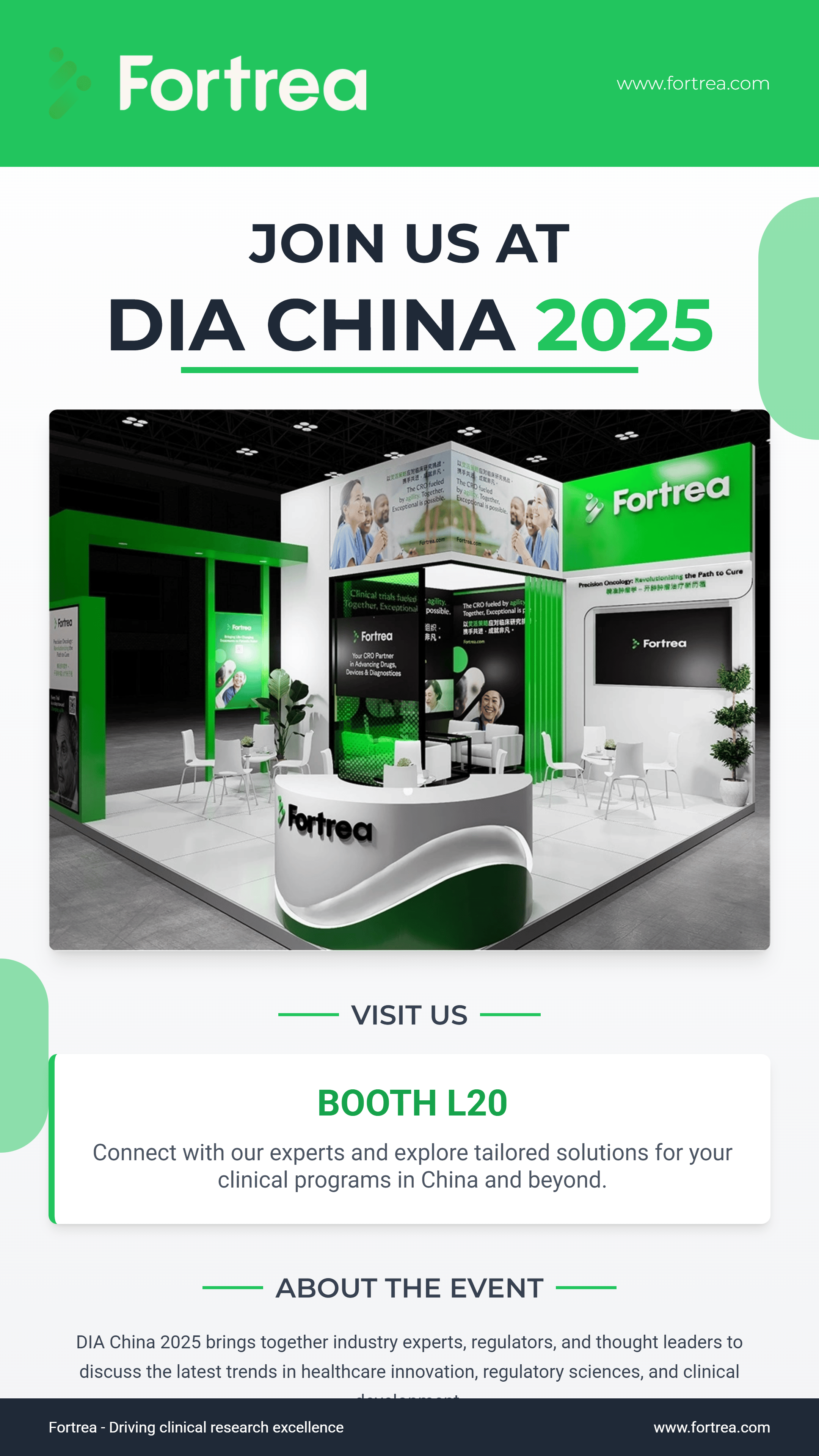 Vertical green and white event poster reading Join Us at DIA China 2025, with a green exhibition booth render and a Booth L20 card