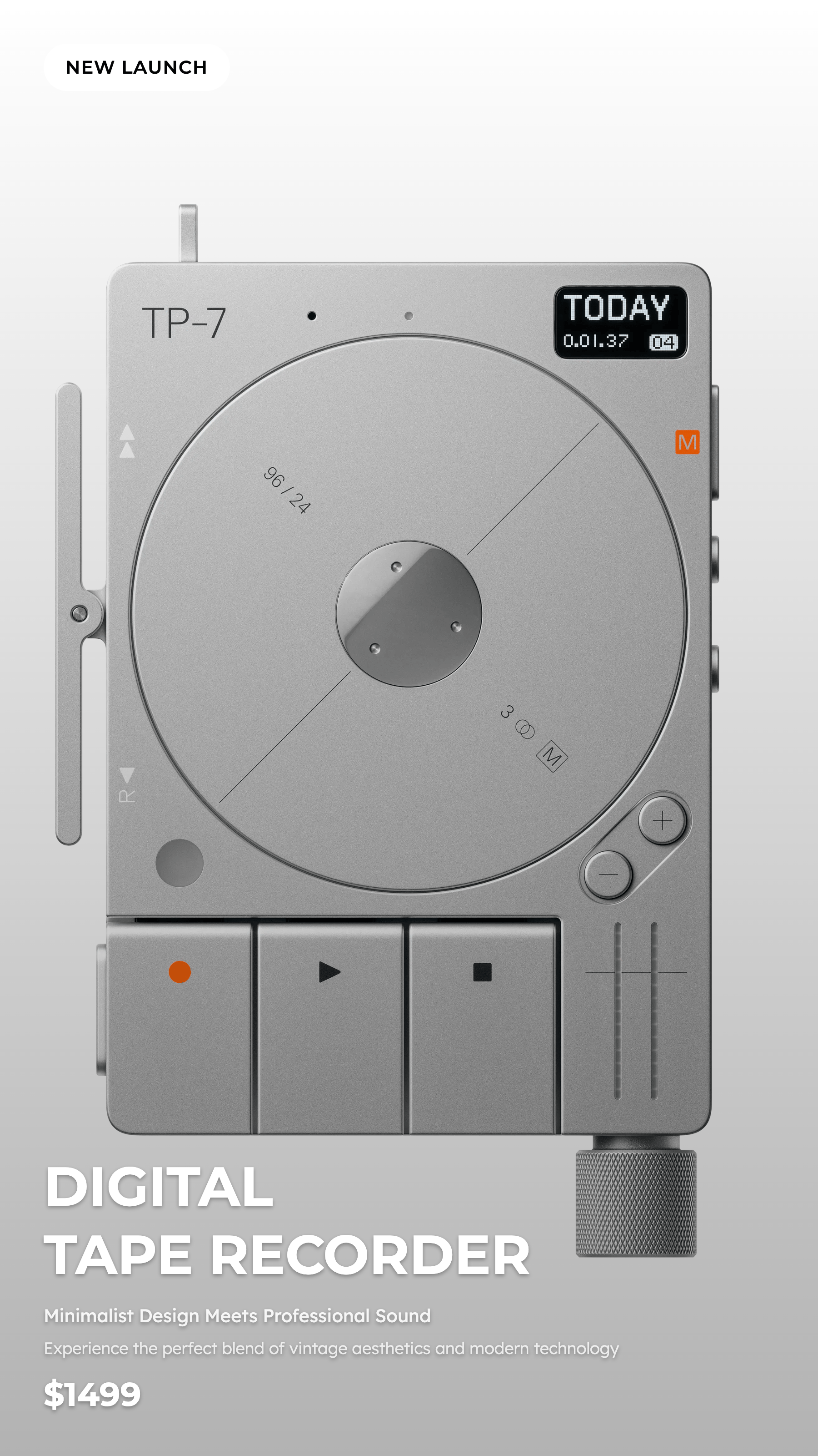 Silver-gray TP-7 digital tape recorder with a circular deck and orange record button, under a white DIGITAL TAPE RECORDER headline