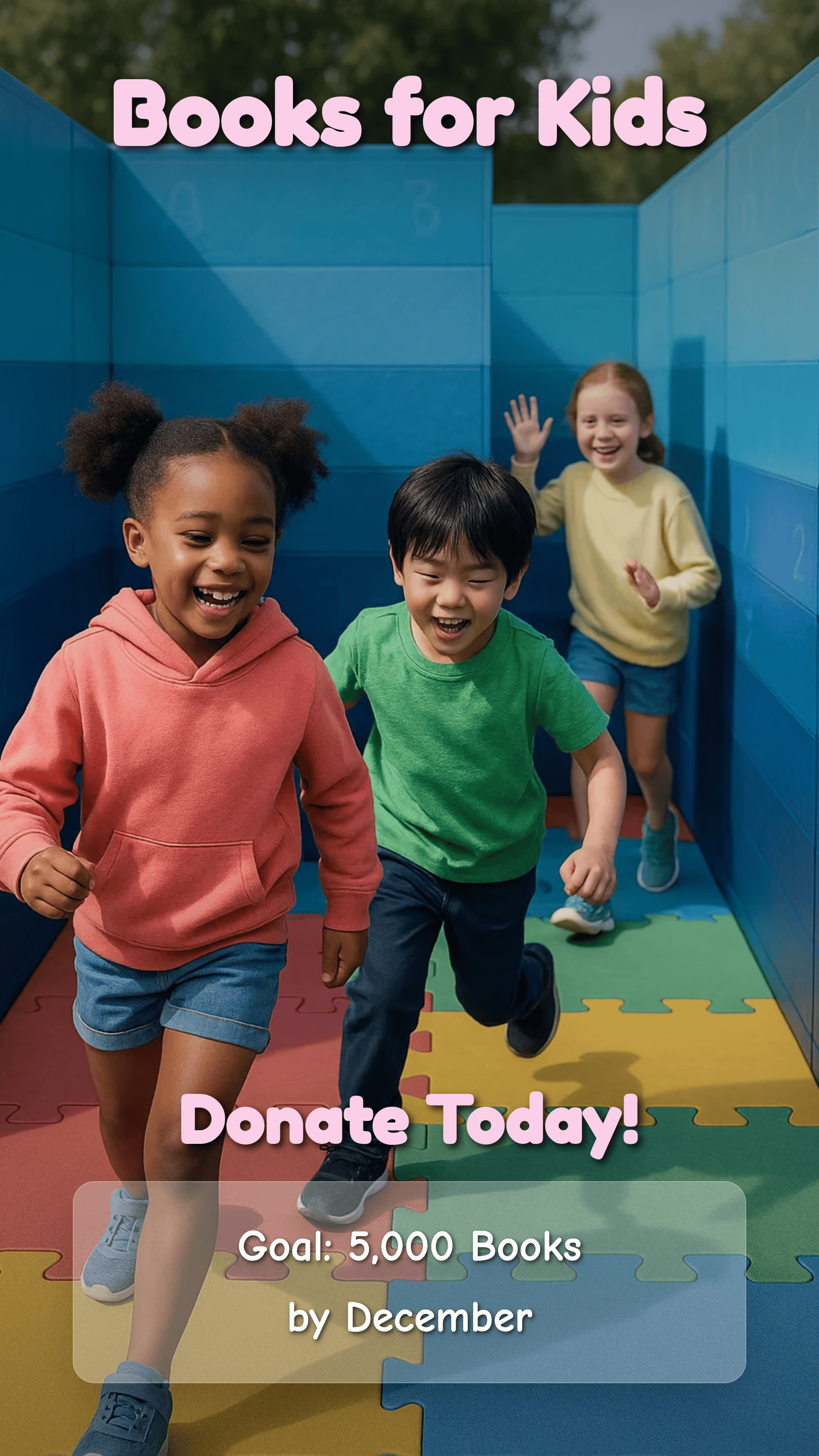 Charity donation poster with smiling children and text asking for book donations for kids.