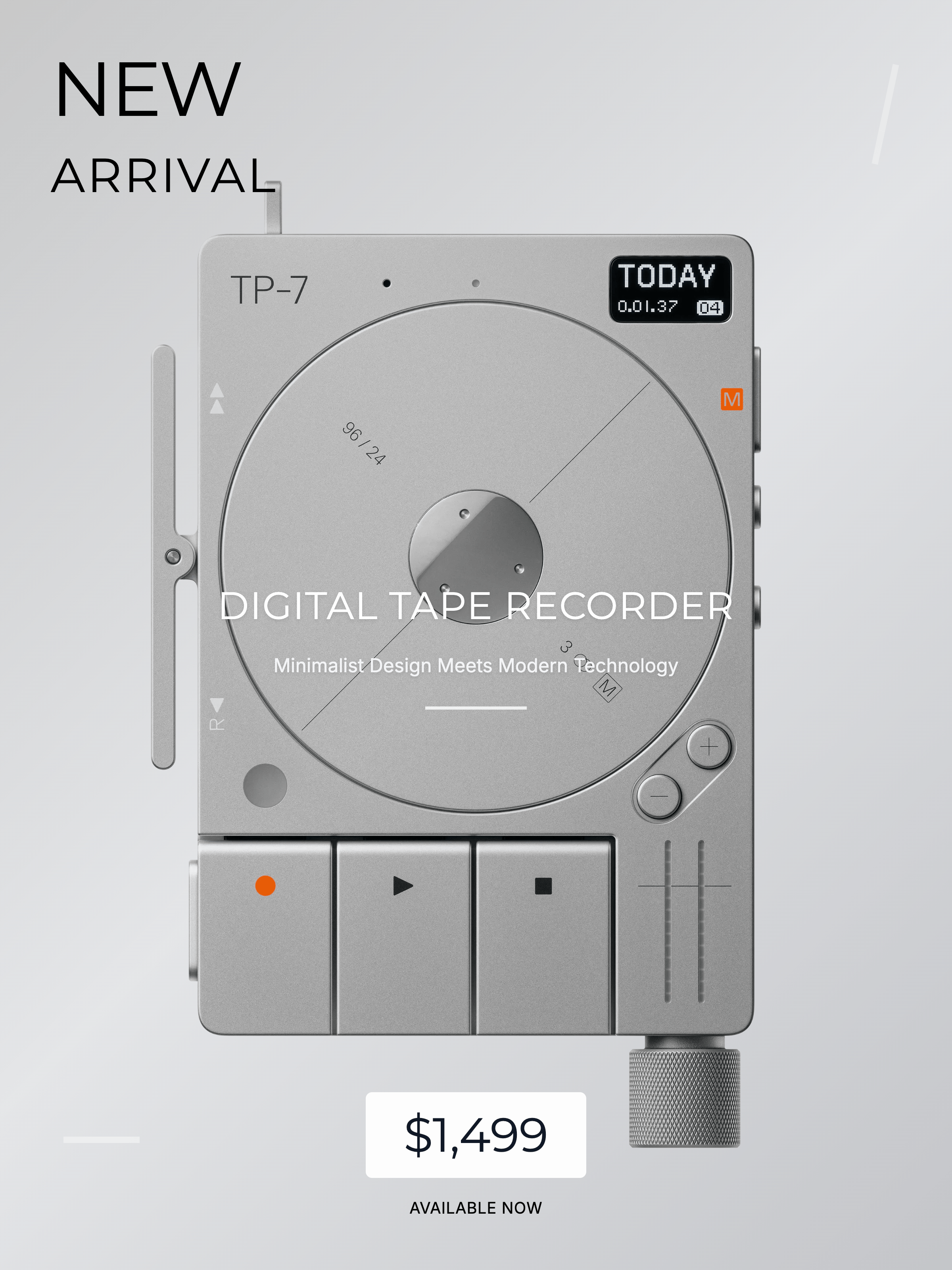 Minimalist product ad showing a grey digital tape recorder with new arrival text and a price badge.