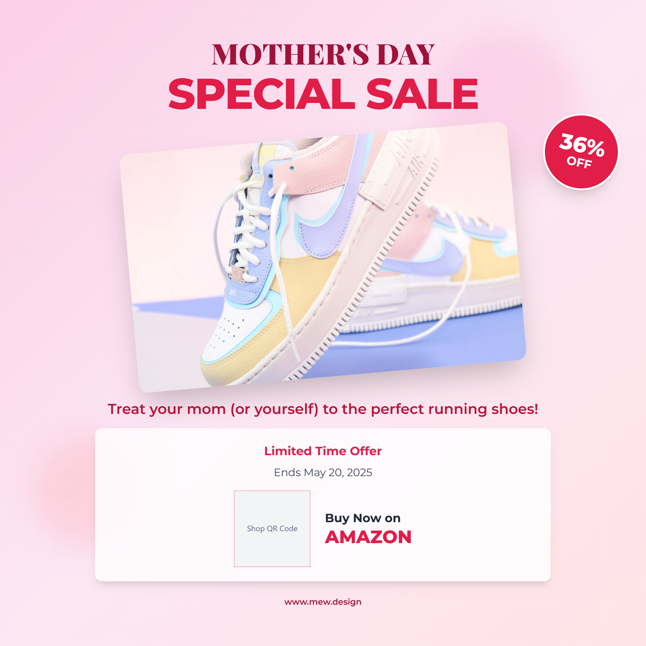 Square pastel pink Mother's Day sale poster with a close-up of pastel sneakers, a SPECIAL SALE headline, and a 36% off badge