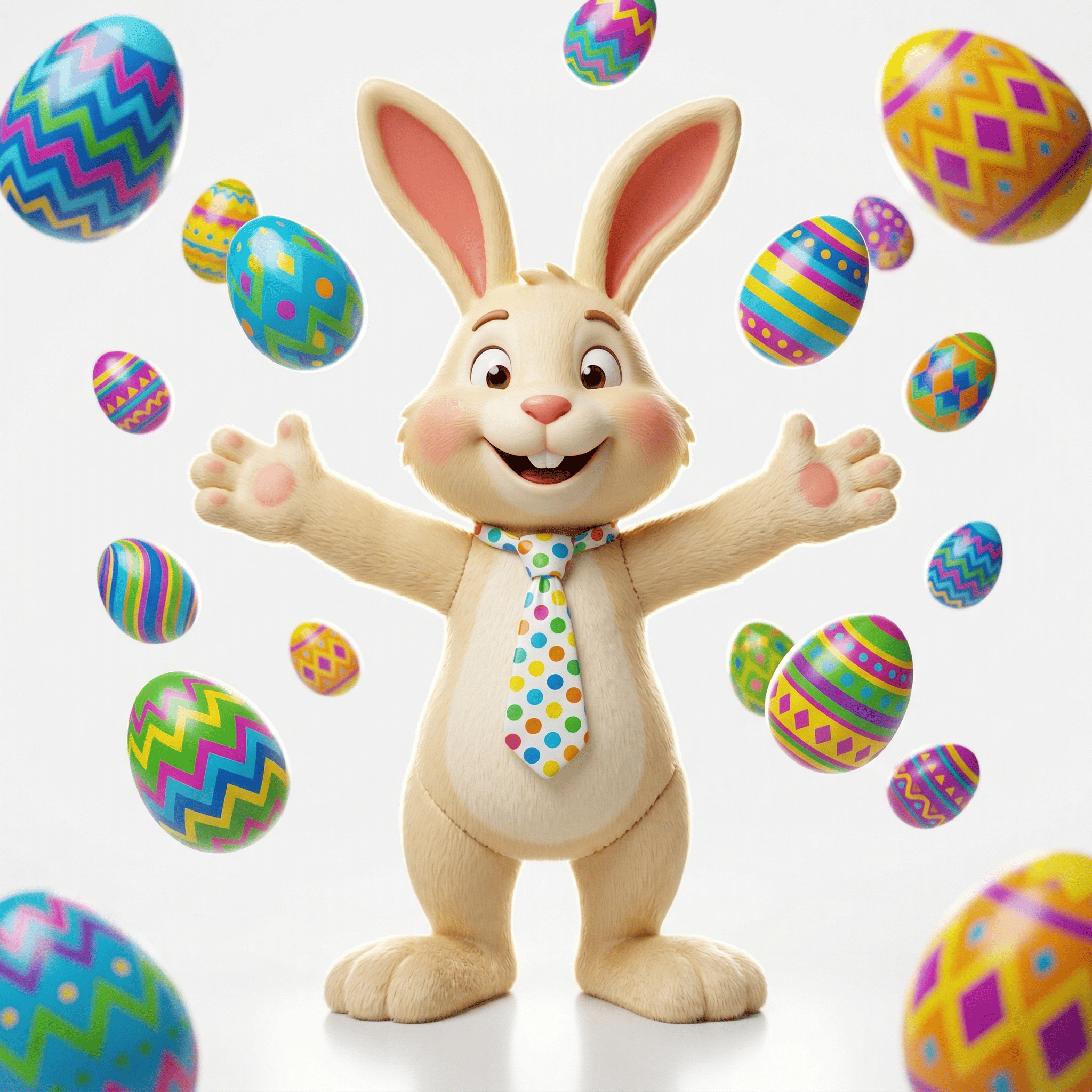 Conejo de Pascua 3D en estudio con huevos coloridos flotantes