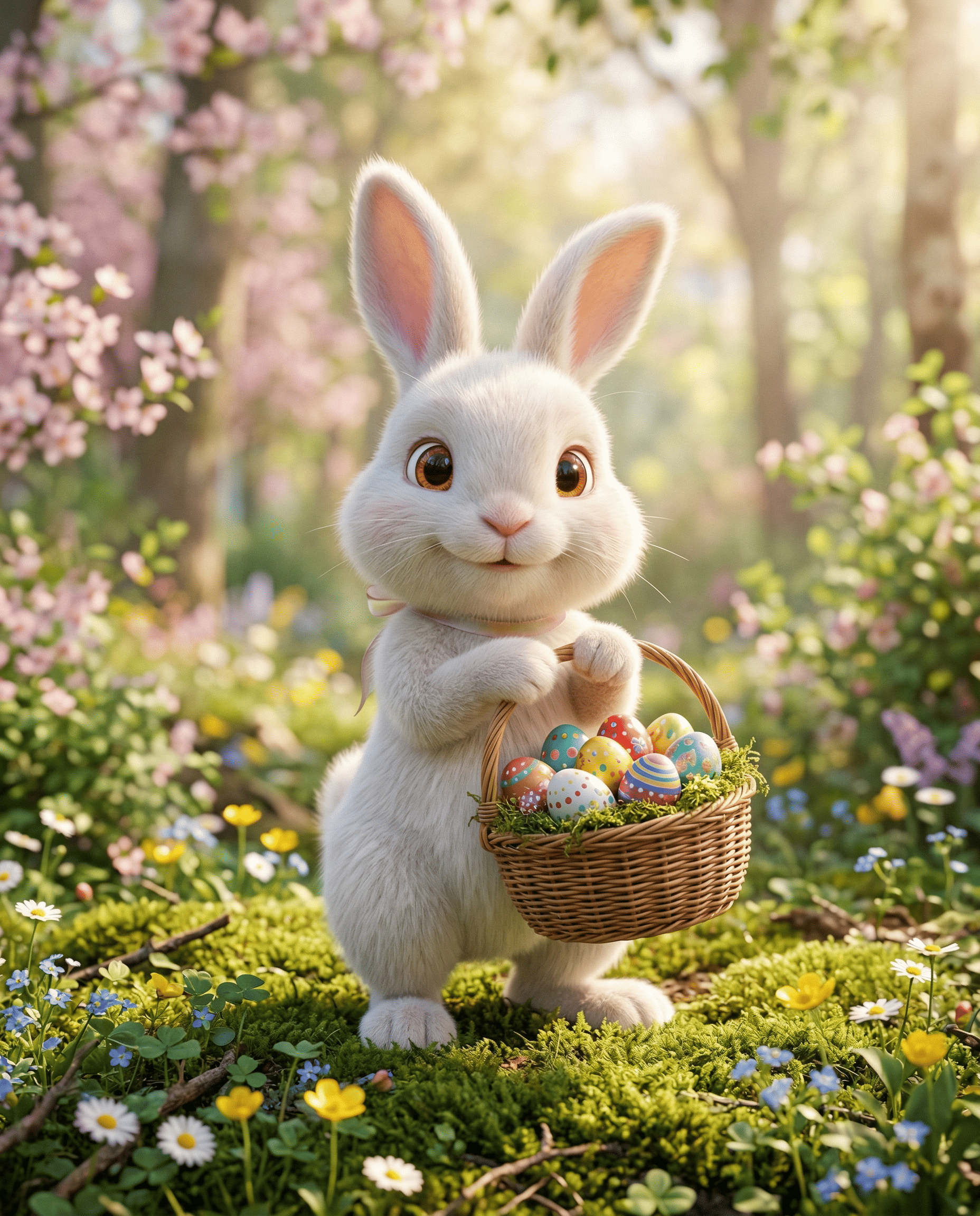 Conejo de Pascua 3D fotorrealista con cesta y flores de primavera