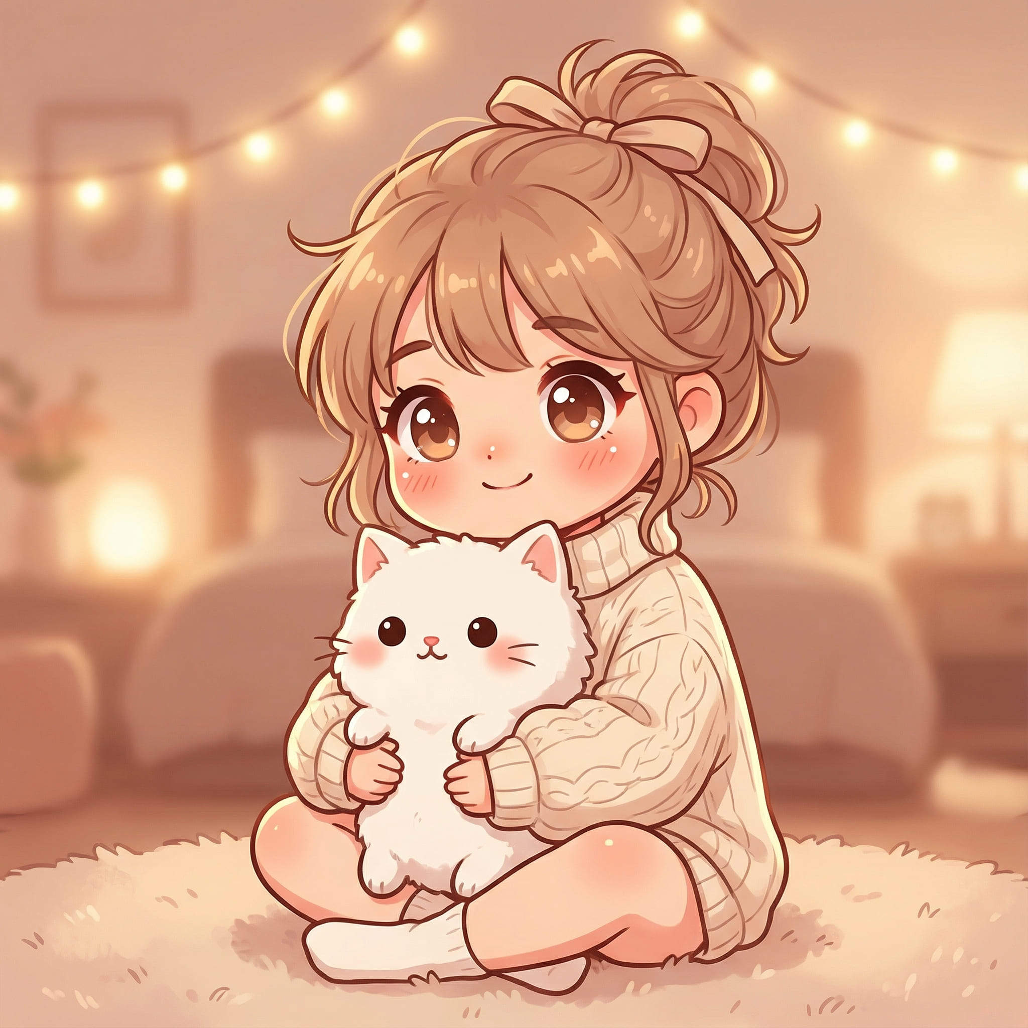 fille IA cartoon adorable avec peluche de chat