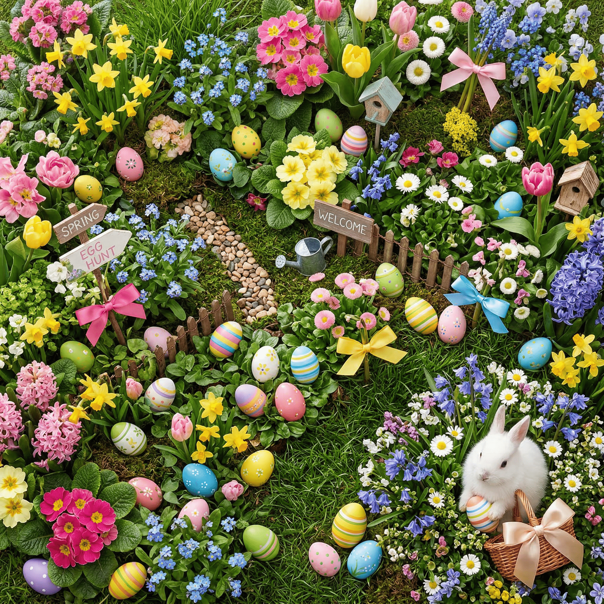 Aerial Easter egg hunt garden flat lay colorful