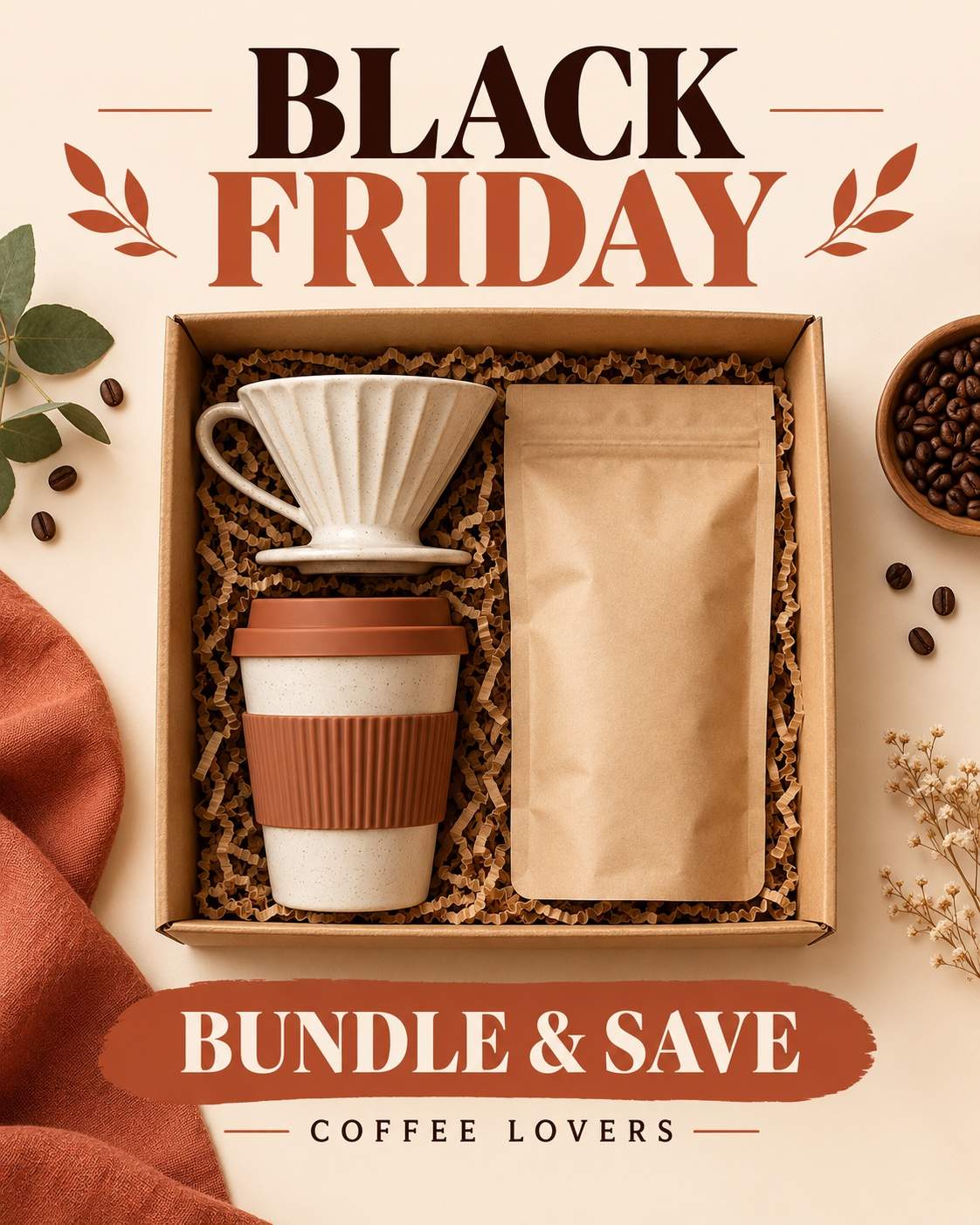Set für Kaffeefans – KI-Designbeispiel für Black Friday