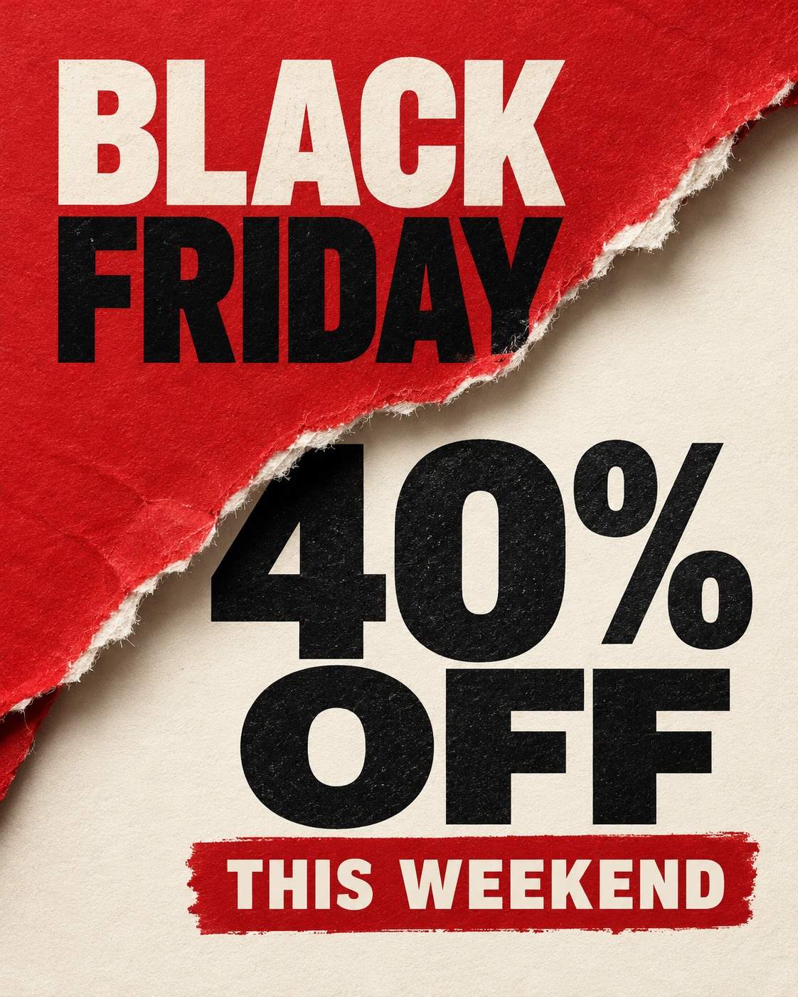 Rabatt unter zerrissenem Papier – KI-Designbeispiel für Black Friday