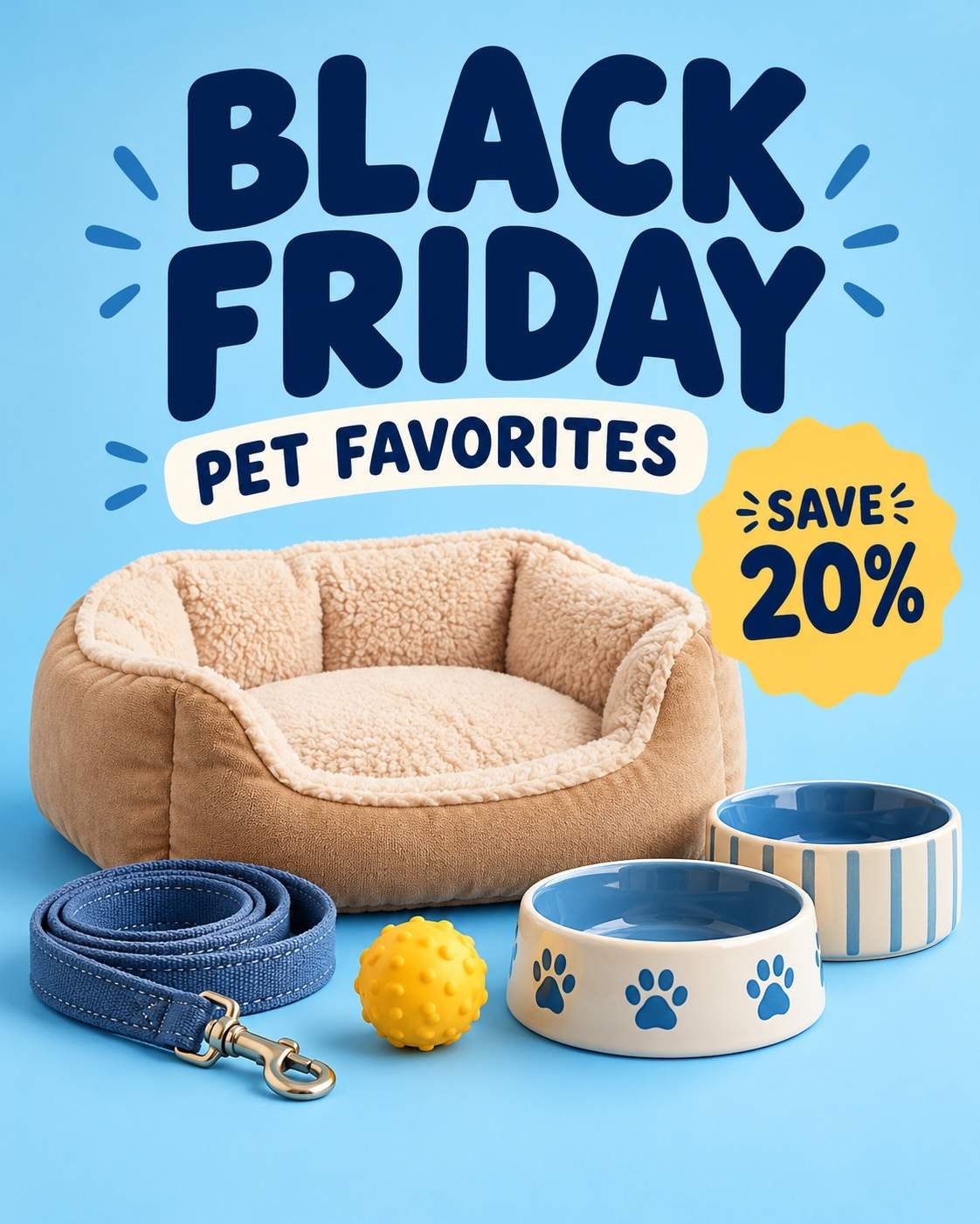 Pack básico para mascotas: ejemplo de diseño de Black Friday con IA