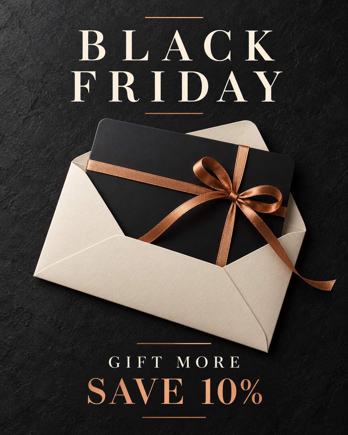 Tarjeta regalo con sobre metalizado: ejemplo de diseño de Black Friday con IA