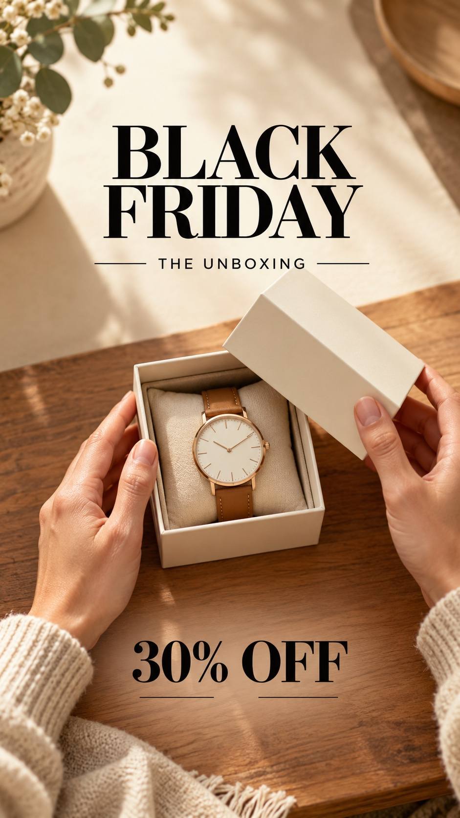 Portada de Reel de unboxing: ejemplo de diseño de Black Friday con IA
