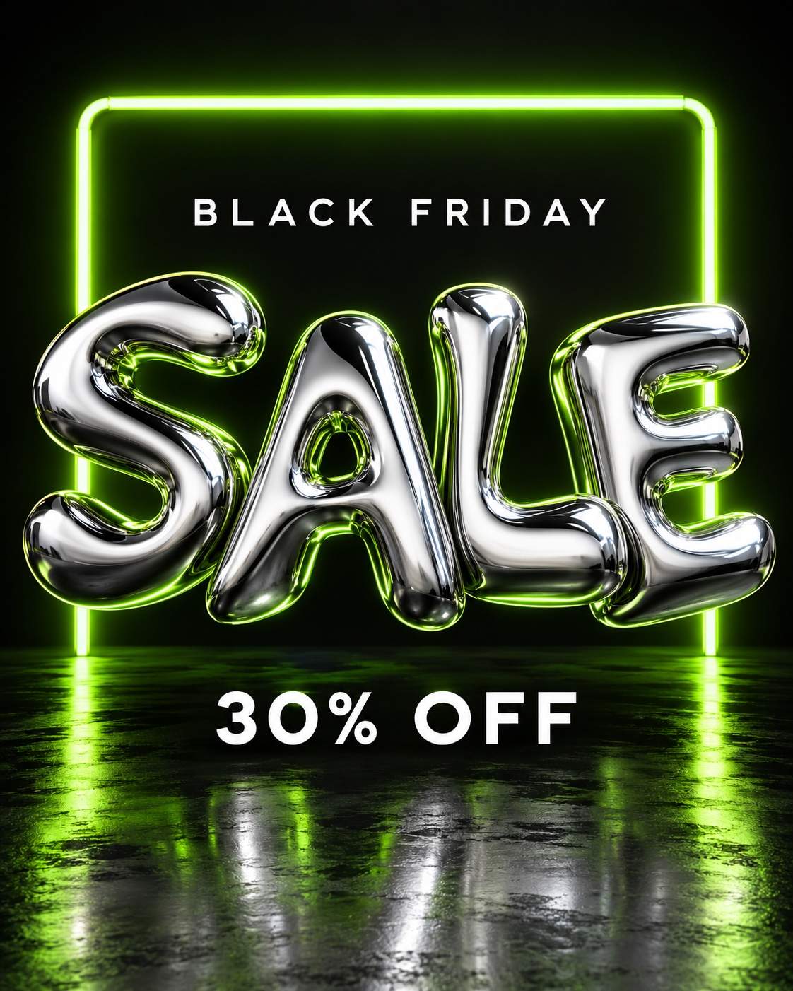 Verkaufsskulptur aus Chrom – KI-Designbeispiel für Black Friday