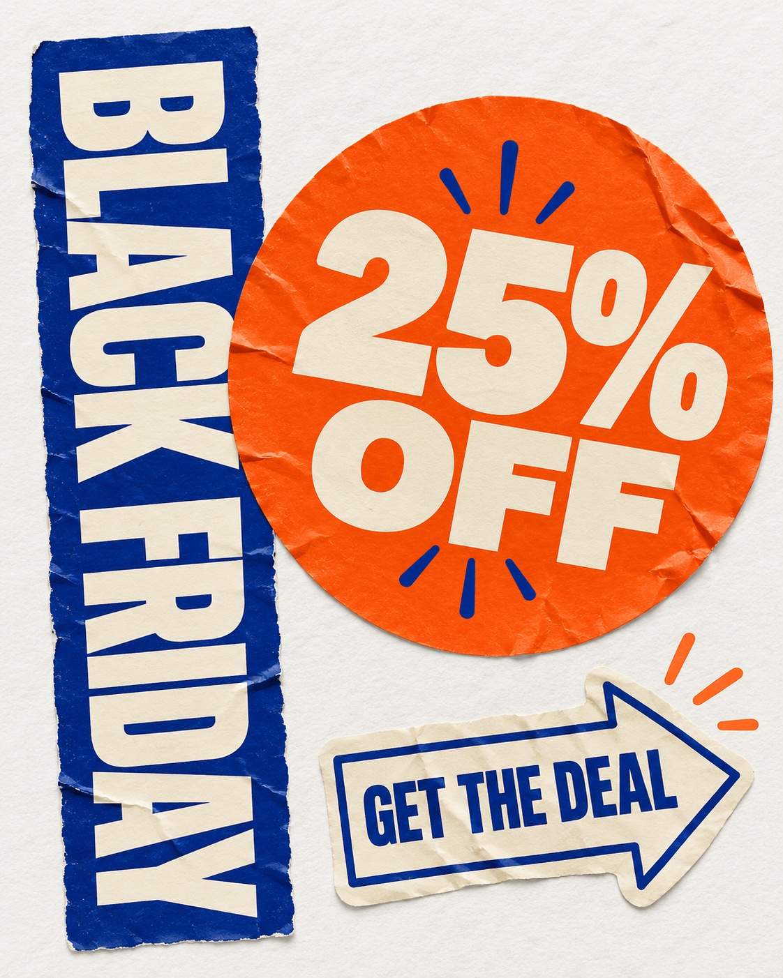 Kobaltblaue Stickercollage – KI-Designbeispiel für Black Friday