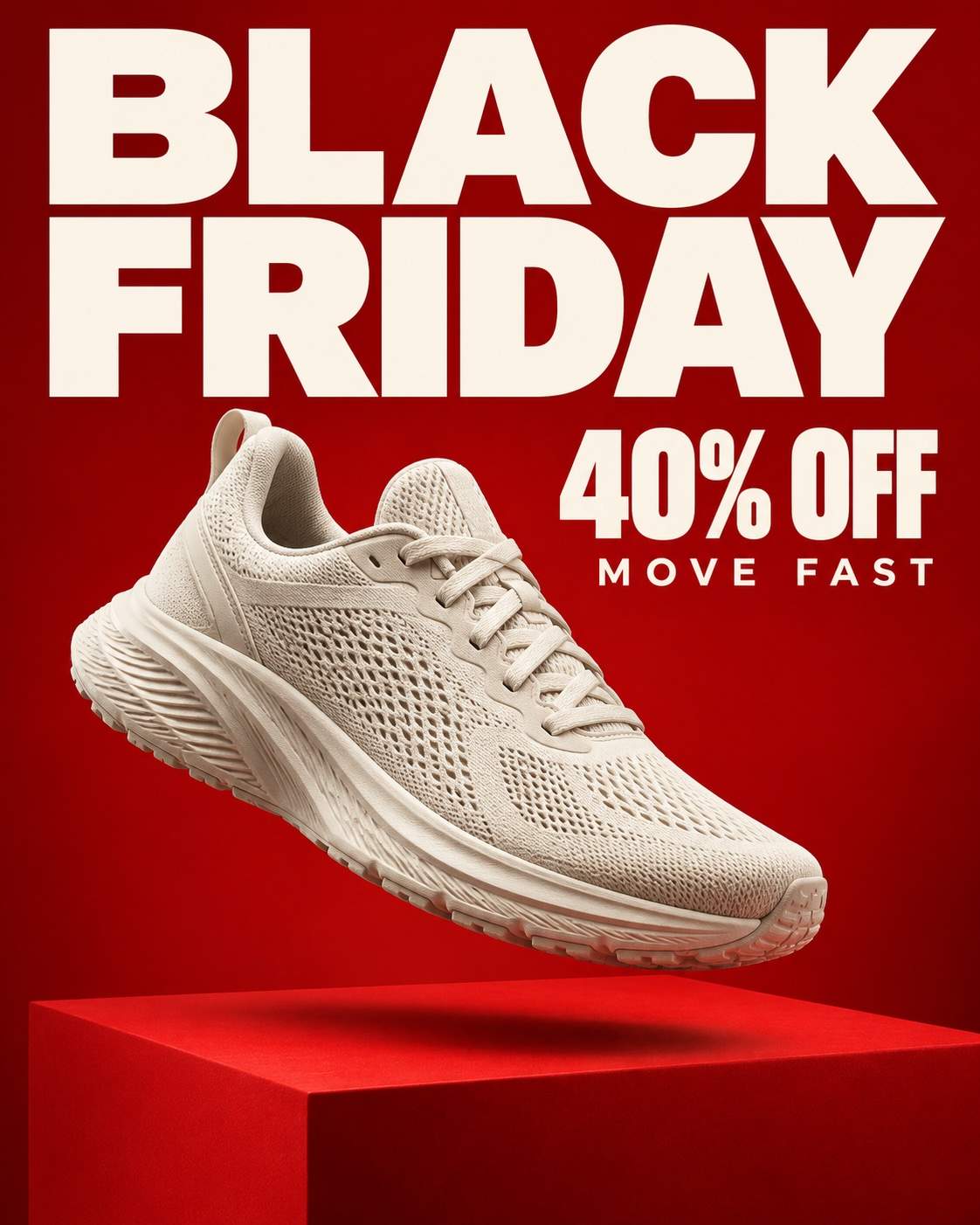 Basket en lévitation sur rouge — exemple de design Black Friday avec IA