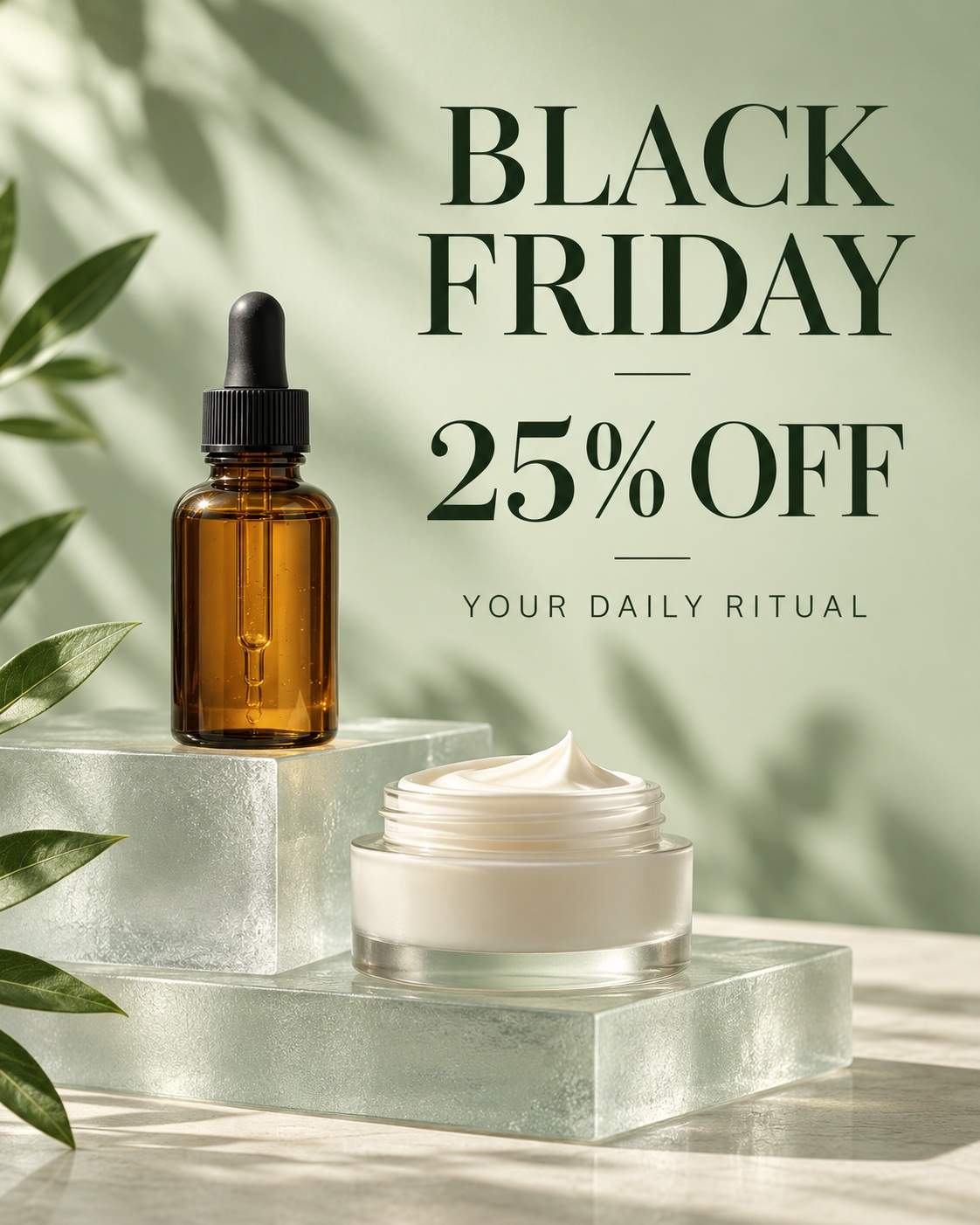 Skincare sobre vidro fosco — exemplo de design de Black Friday com IA