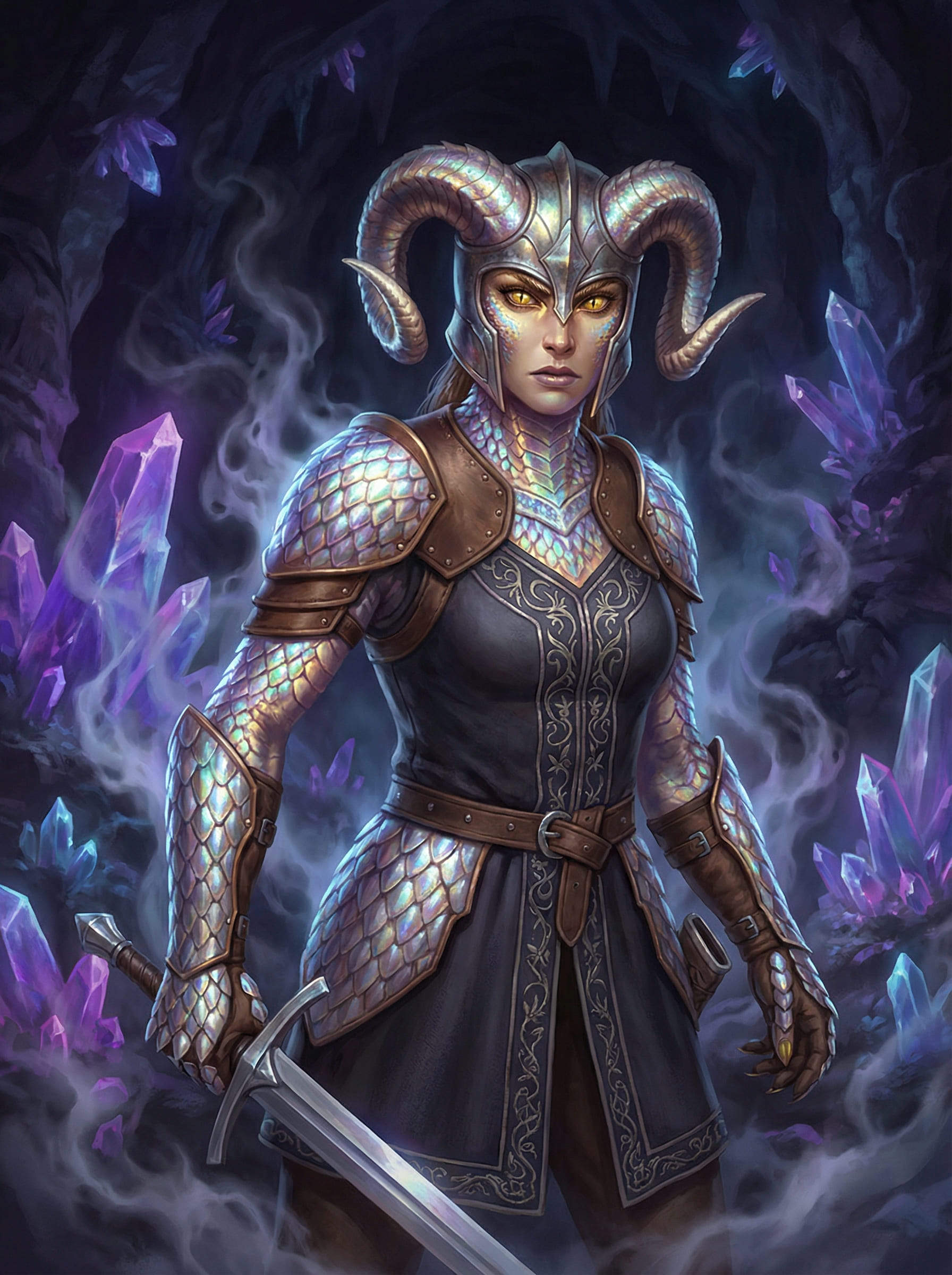 fille dragon IA aux écailles irisées dans une grotte de fantasy