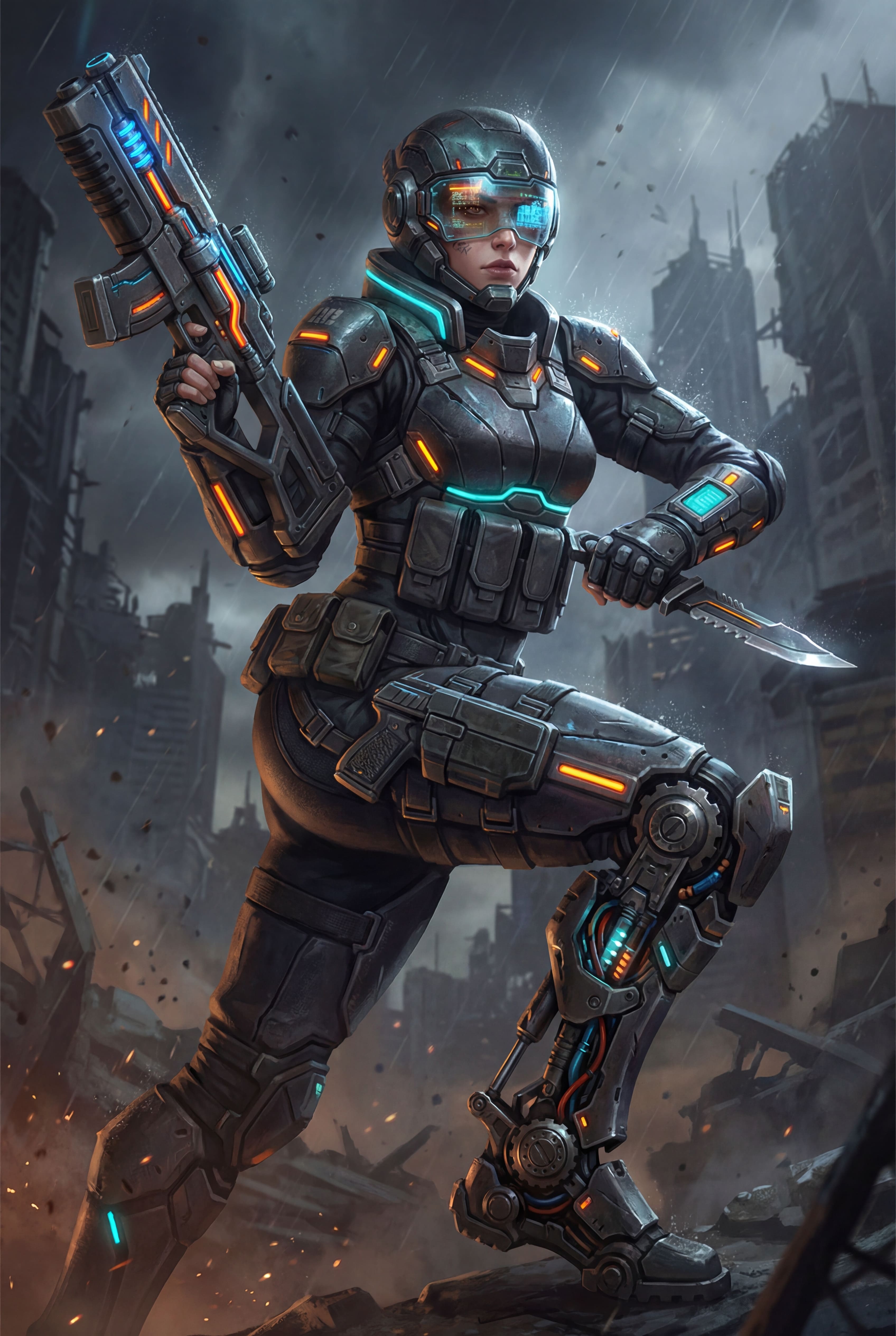 mercenaire cyberpunk IA en armure futuriste personnage de jeu