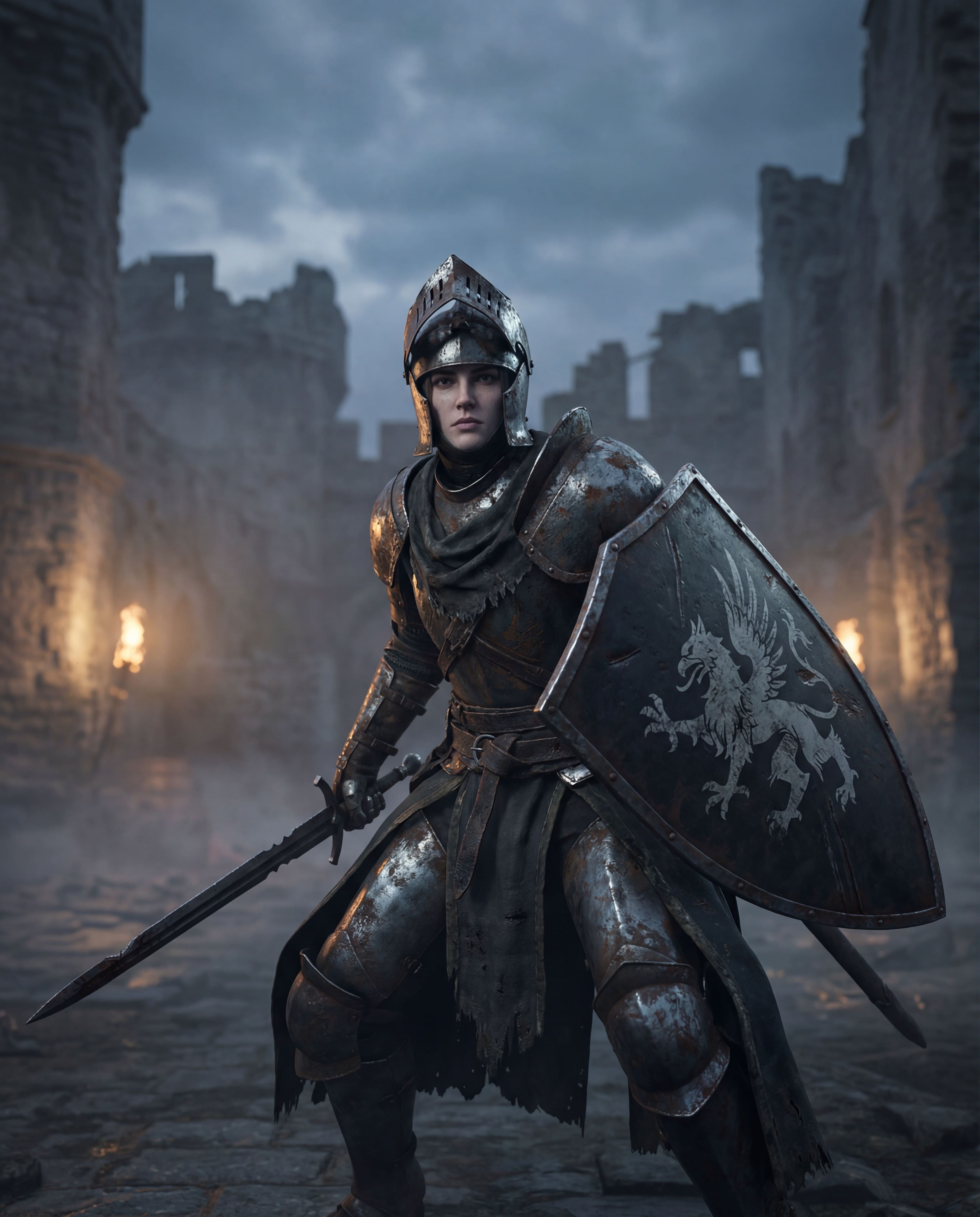 chevaleresse médiévale IA en armure de plates personnage de jeu