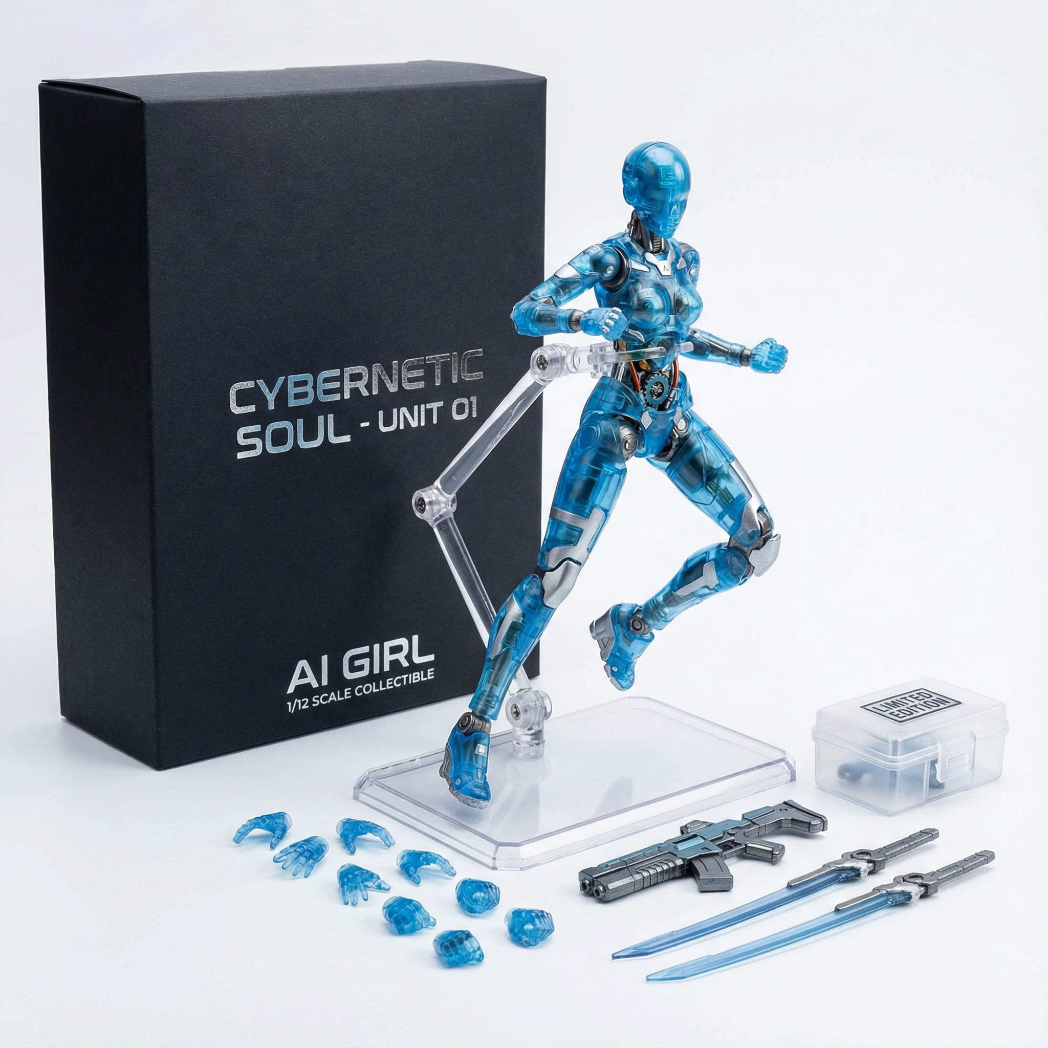 fille IA figurine d’action transparente articulée avec mécanique visible