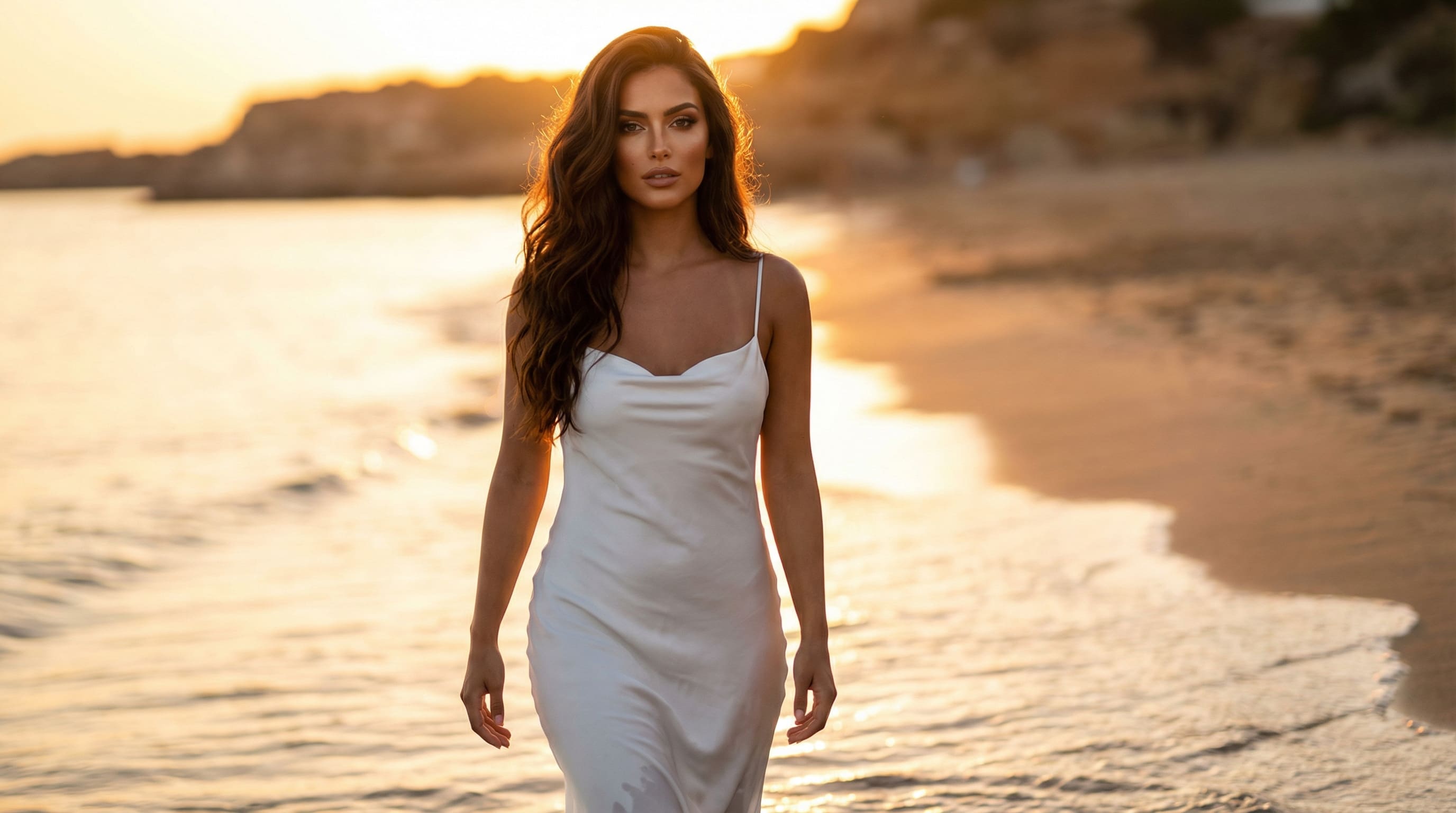 influenceuse IA robe en soie blanche golden hour