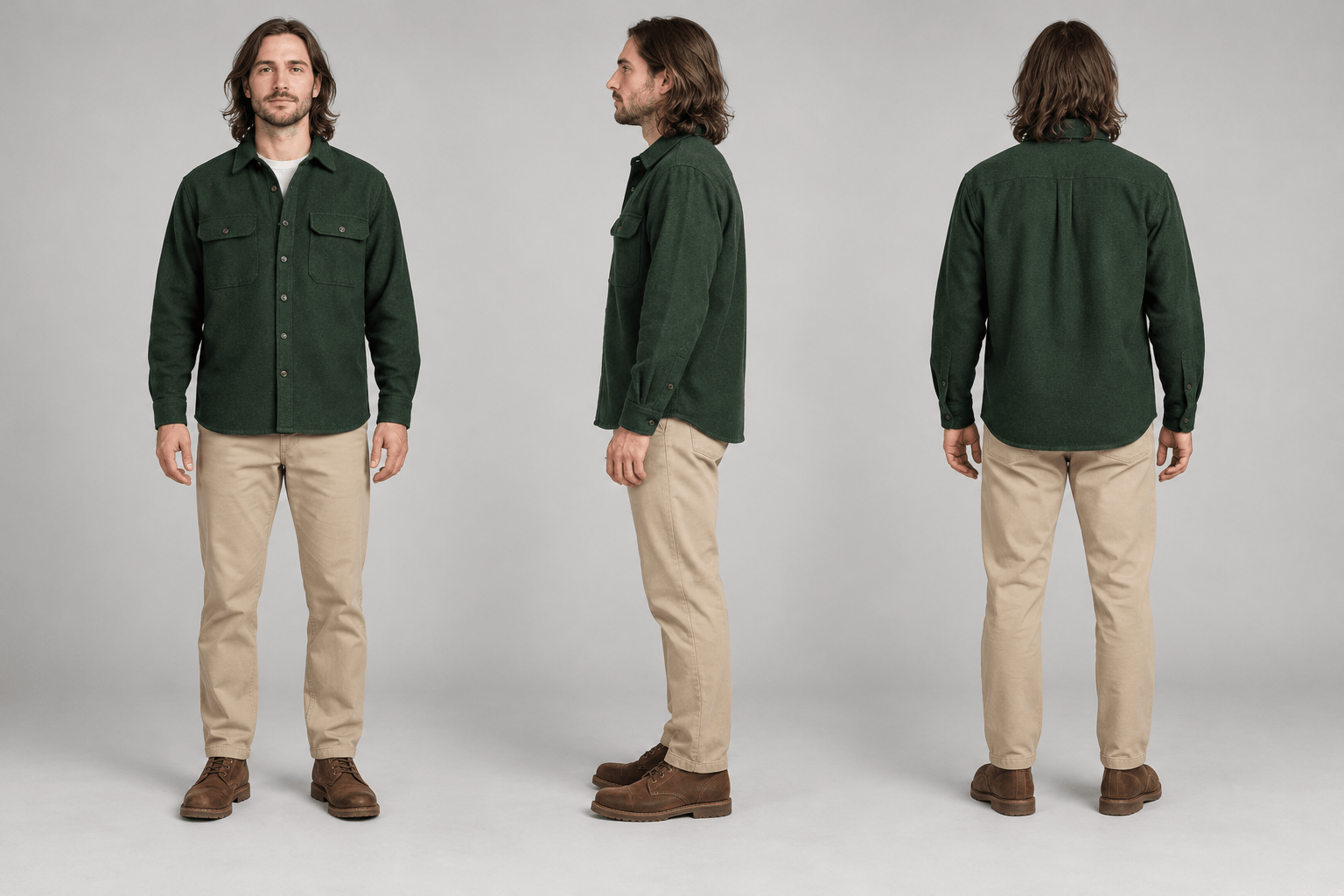 Front-Side-Back Outfit Study with consistent model and outfit