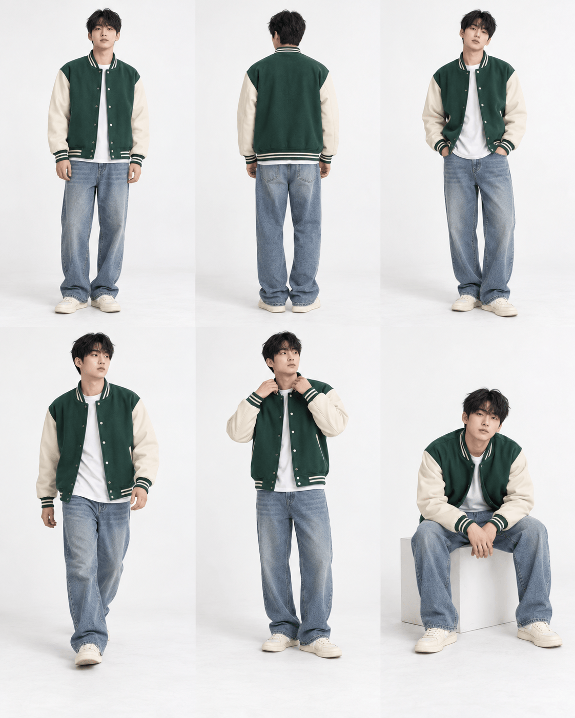 Varsity Jacket Campus Edit with consistent model and outfit