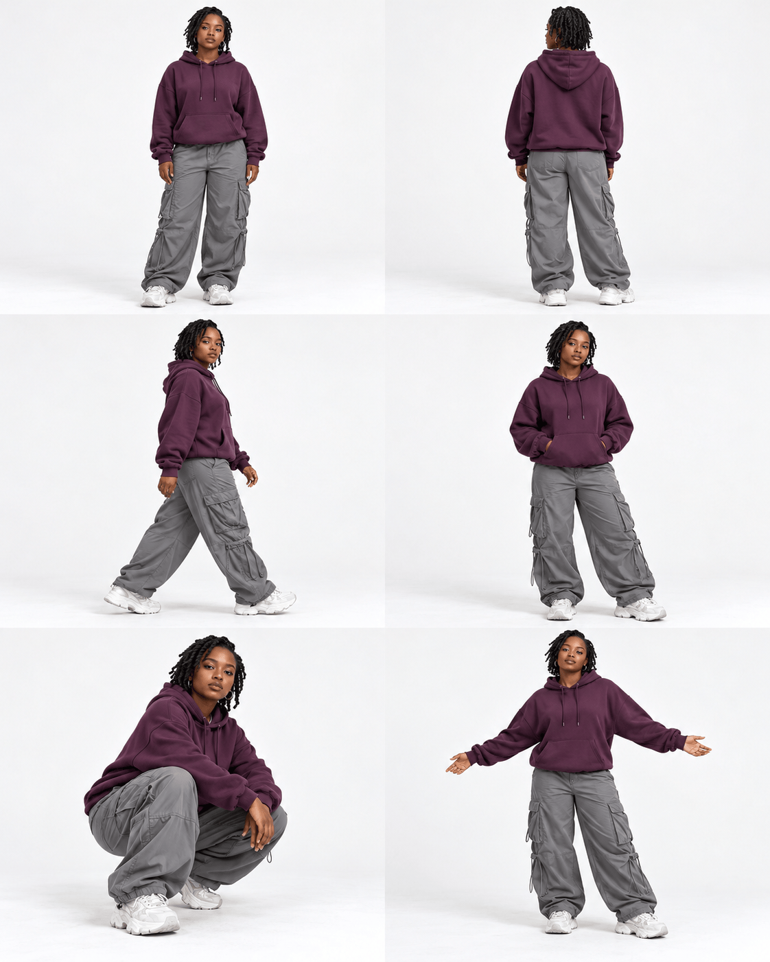 Oversized Hoodie Pose Sheet with consistent model and outfit