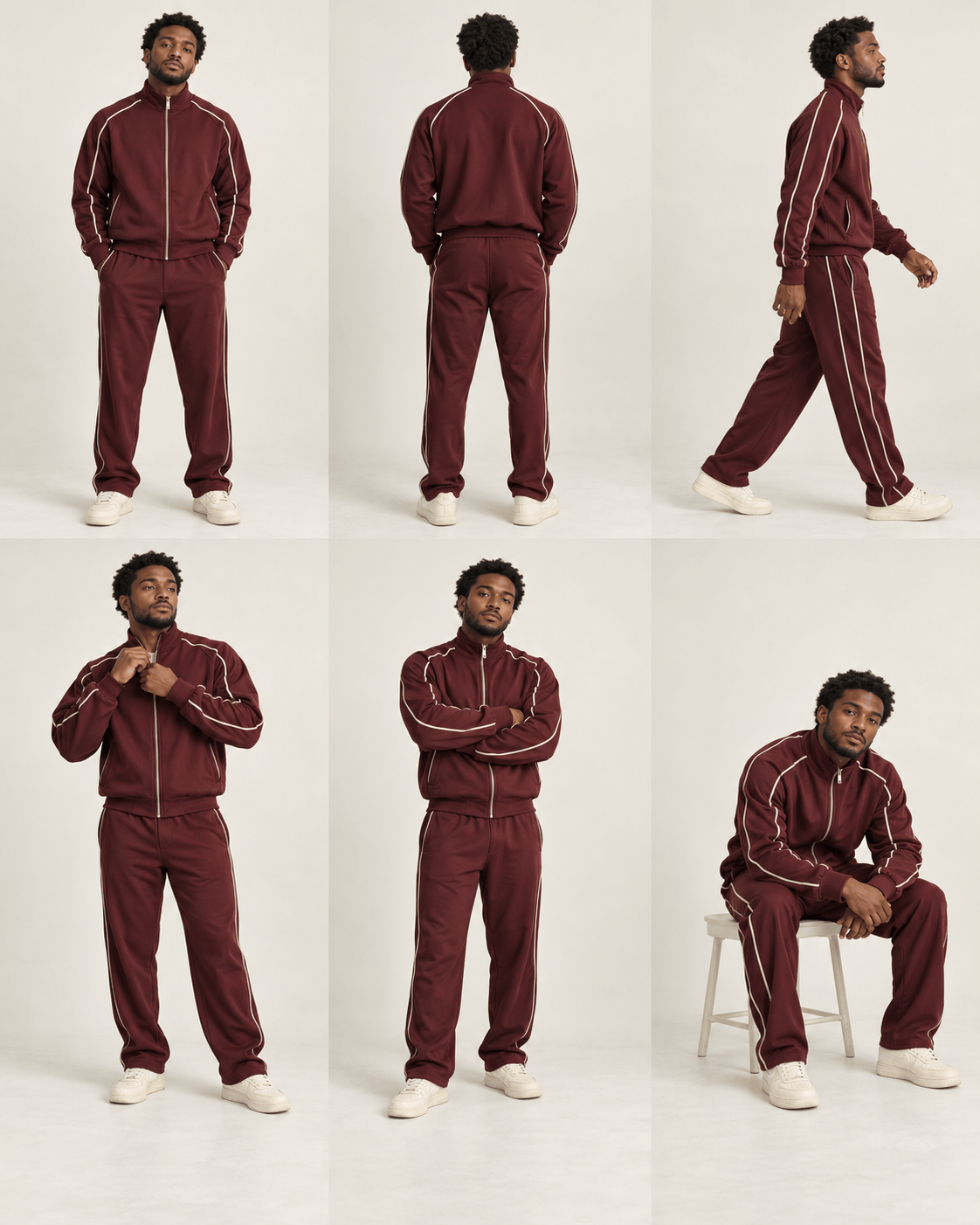 Retro Track Jacket Poses with consistent model and outfit