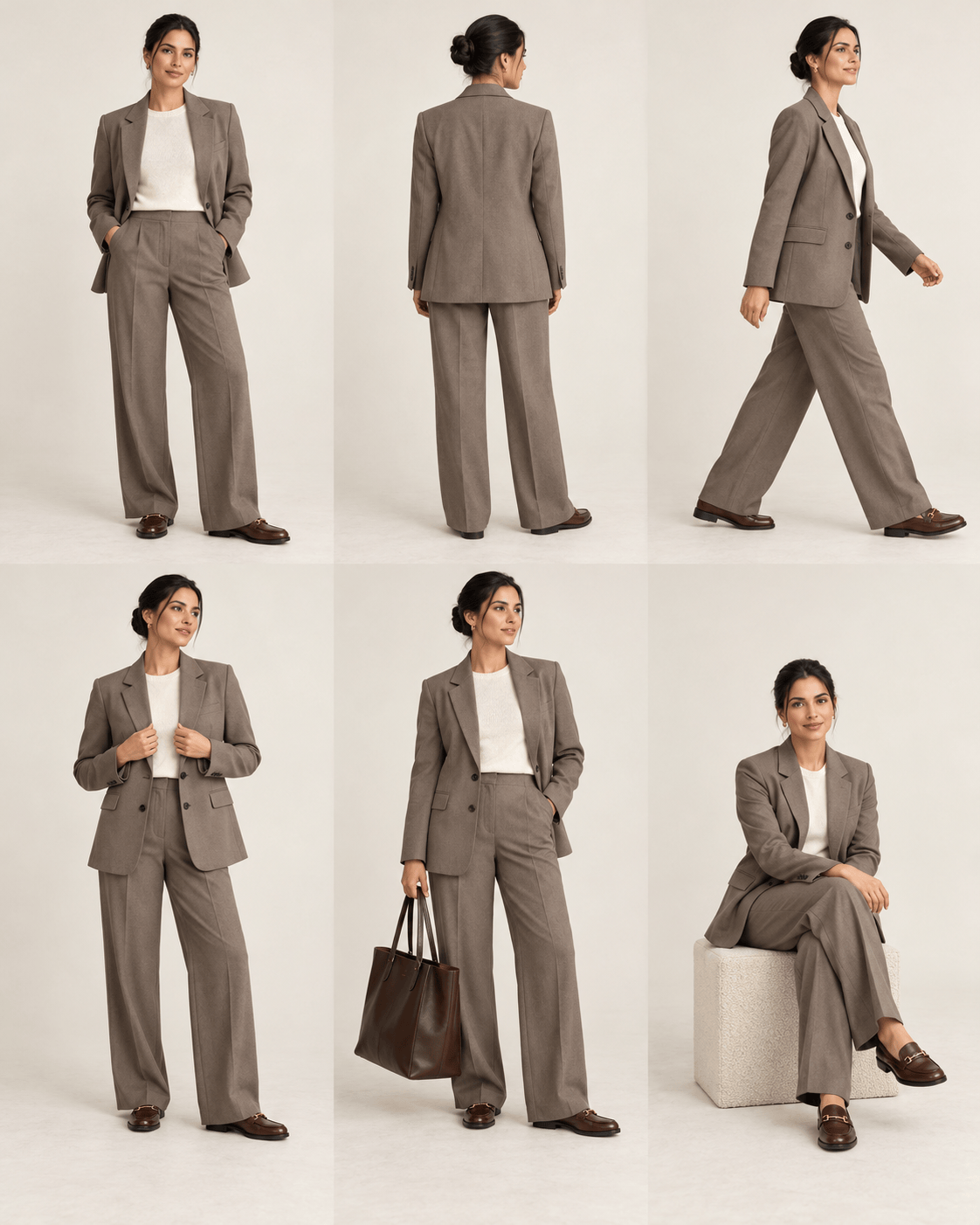 Neutral Tailoring Office Lookbook with consistent model and outfit