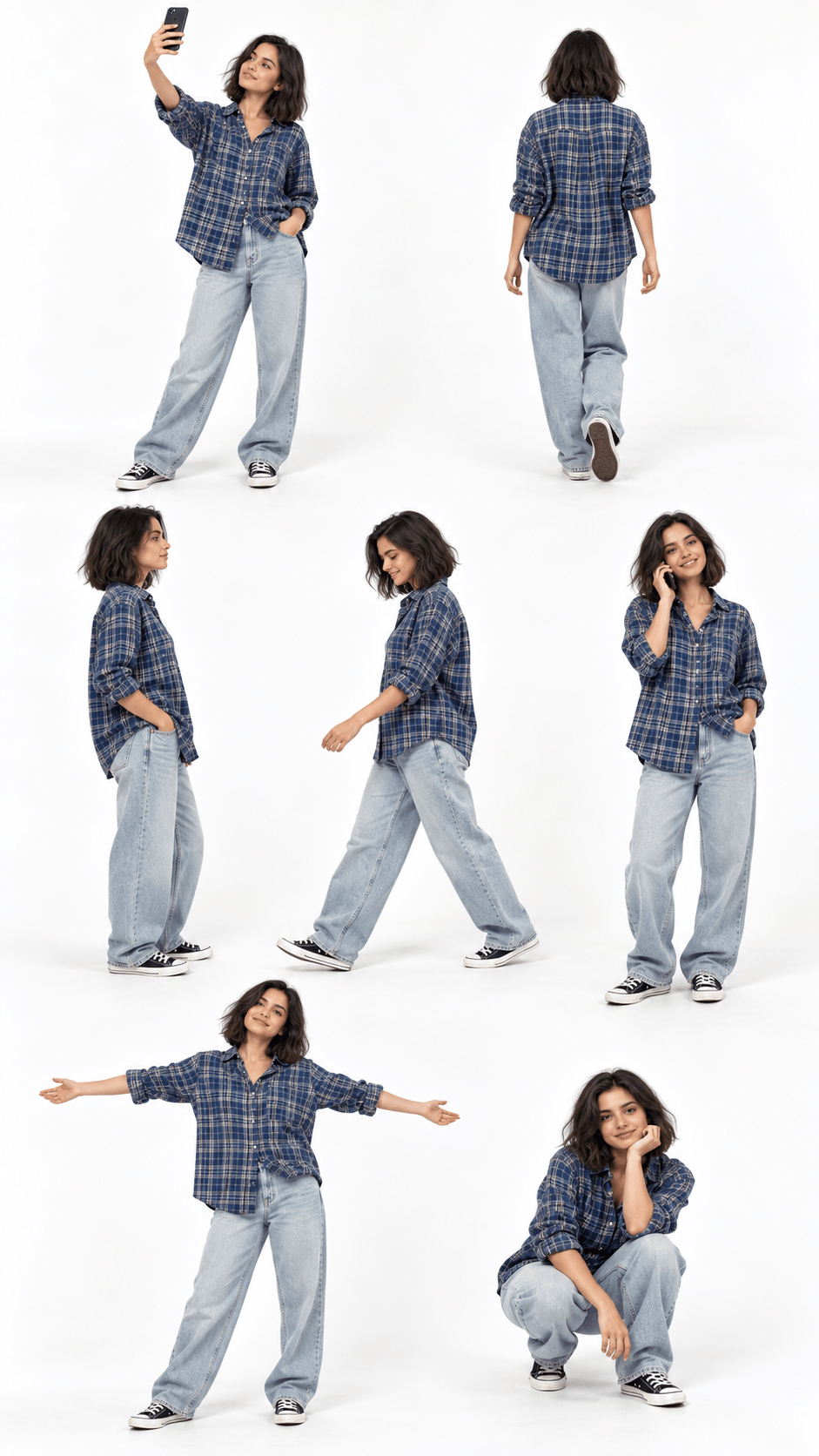 Seven-Pose Everyday Outfit Collage with consistent model and outfit