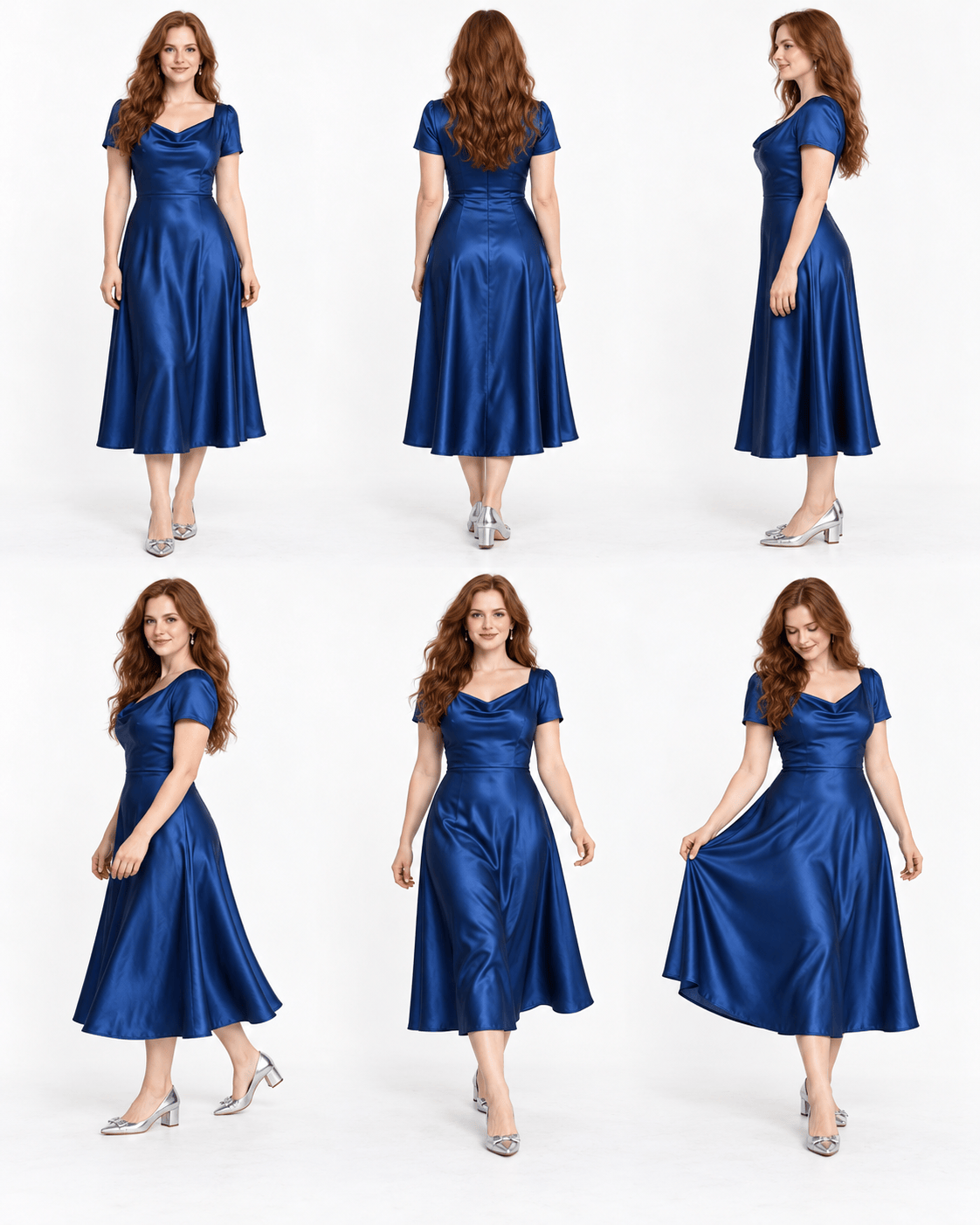 Satin Midi Dress Movement with consistent model and outfit