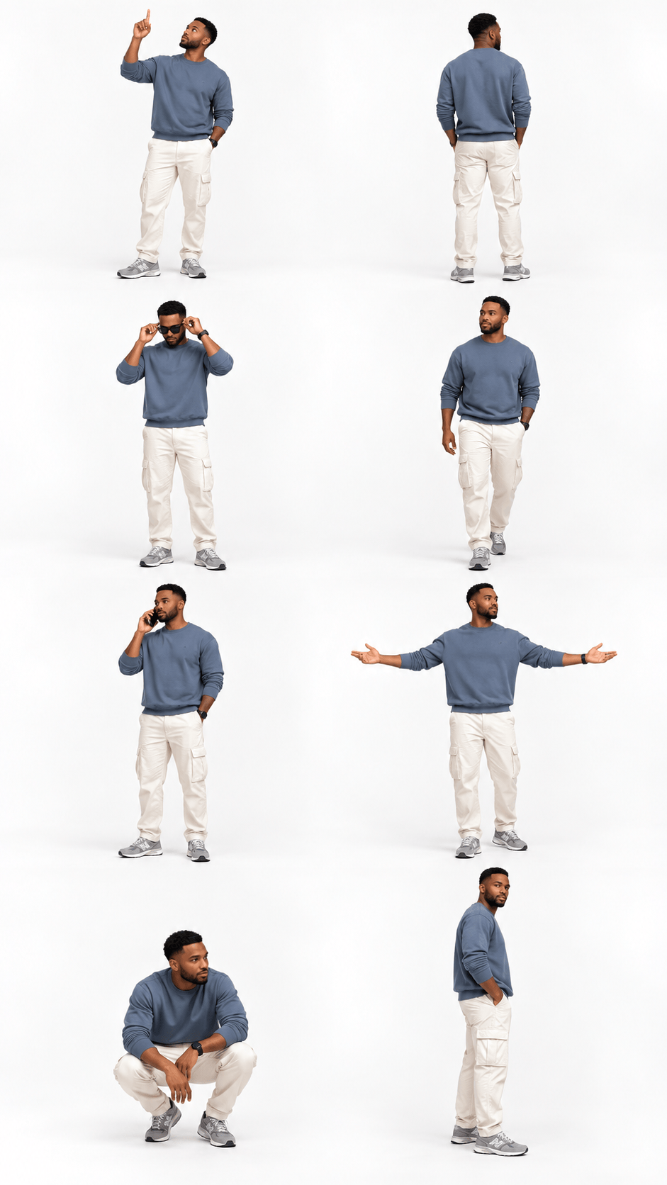 Eight-Pose Streetwear Story with consistent model and outfit