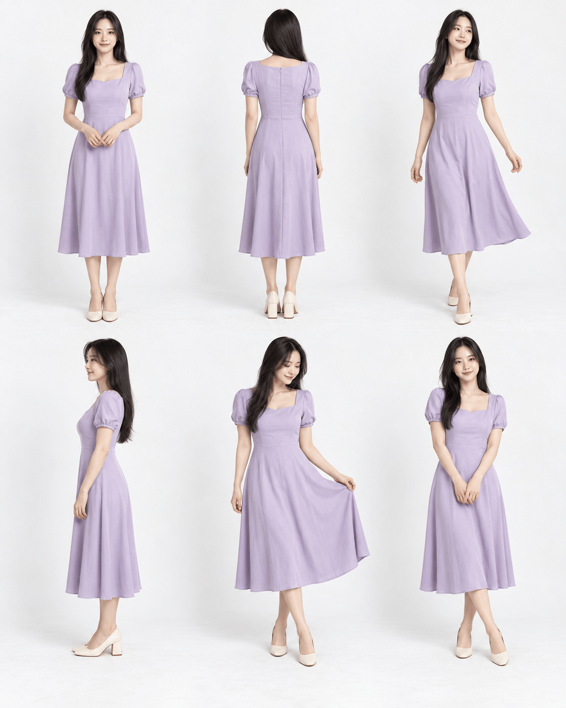Six-Pose Pastel Dress Grid with consistent model and outfit