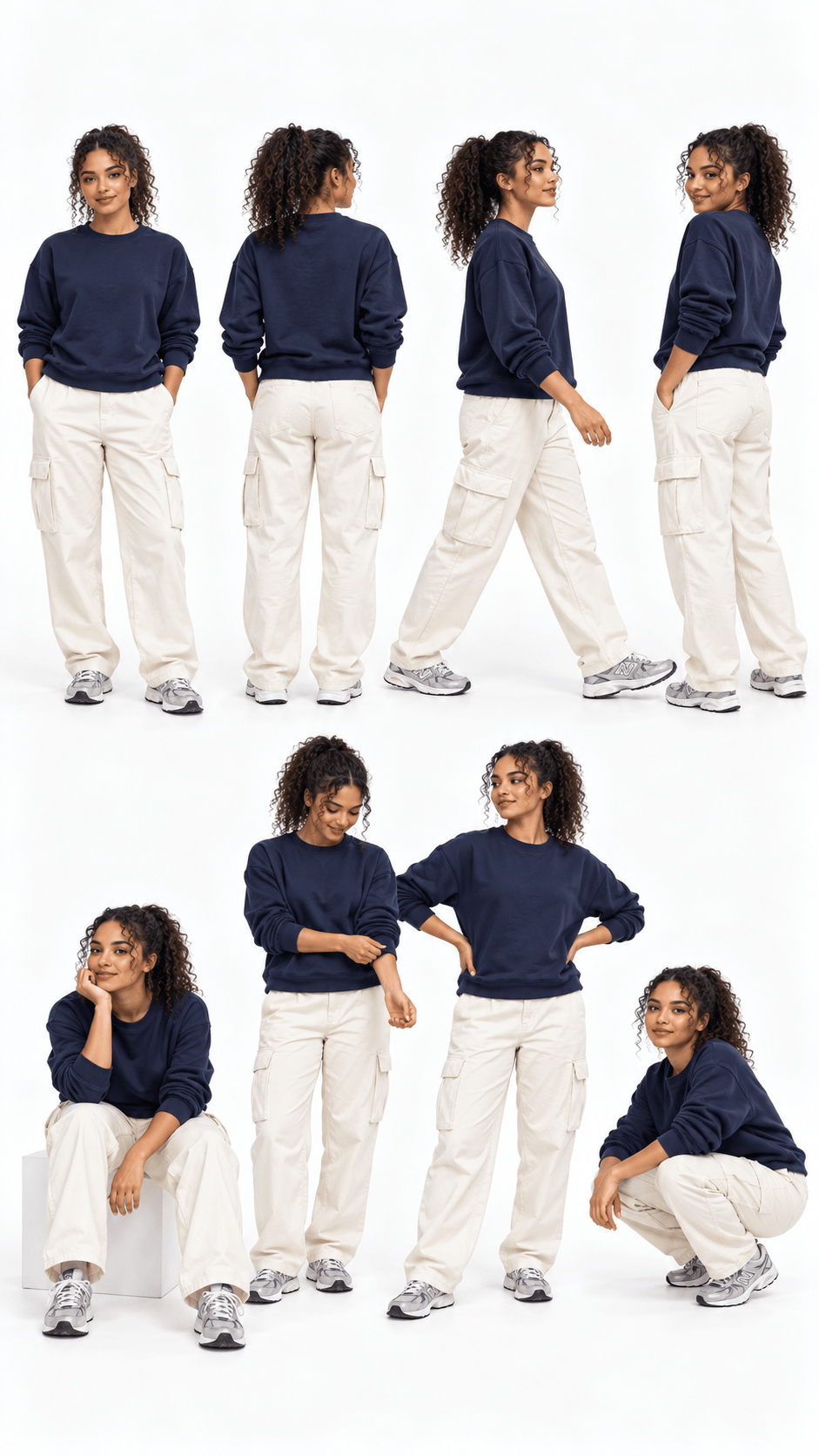 Eight-Pose Seamless Fashion Collage with consistent model and outfit