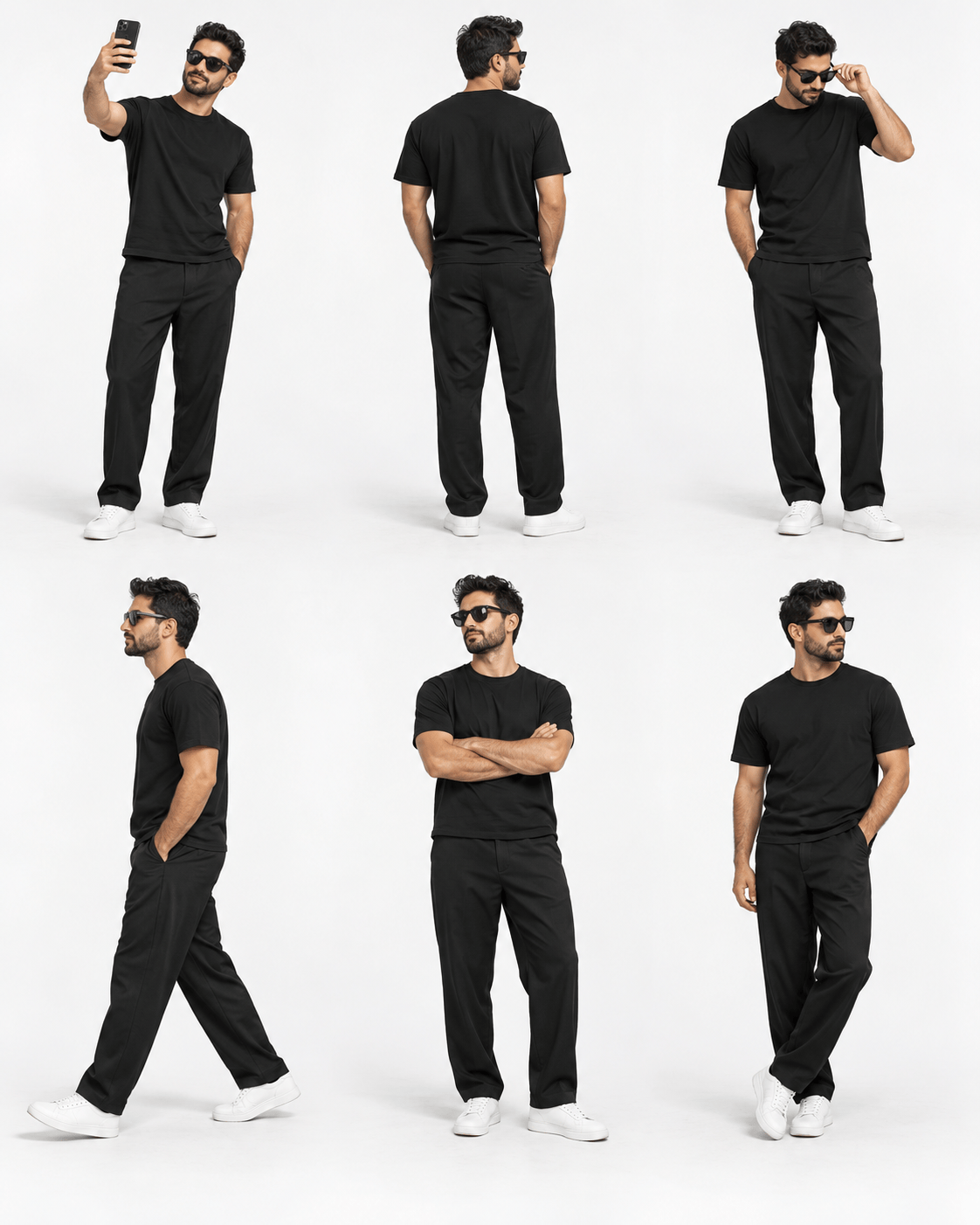 Six-Pose All-Black Menswear with consistent model and outfit