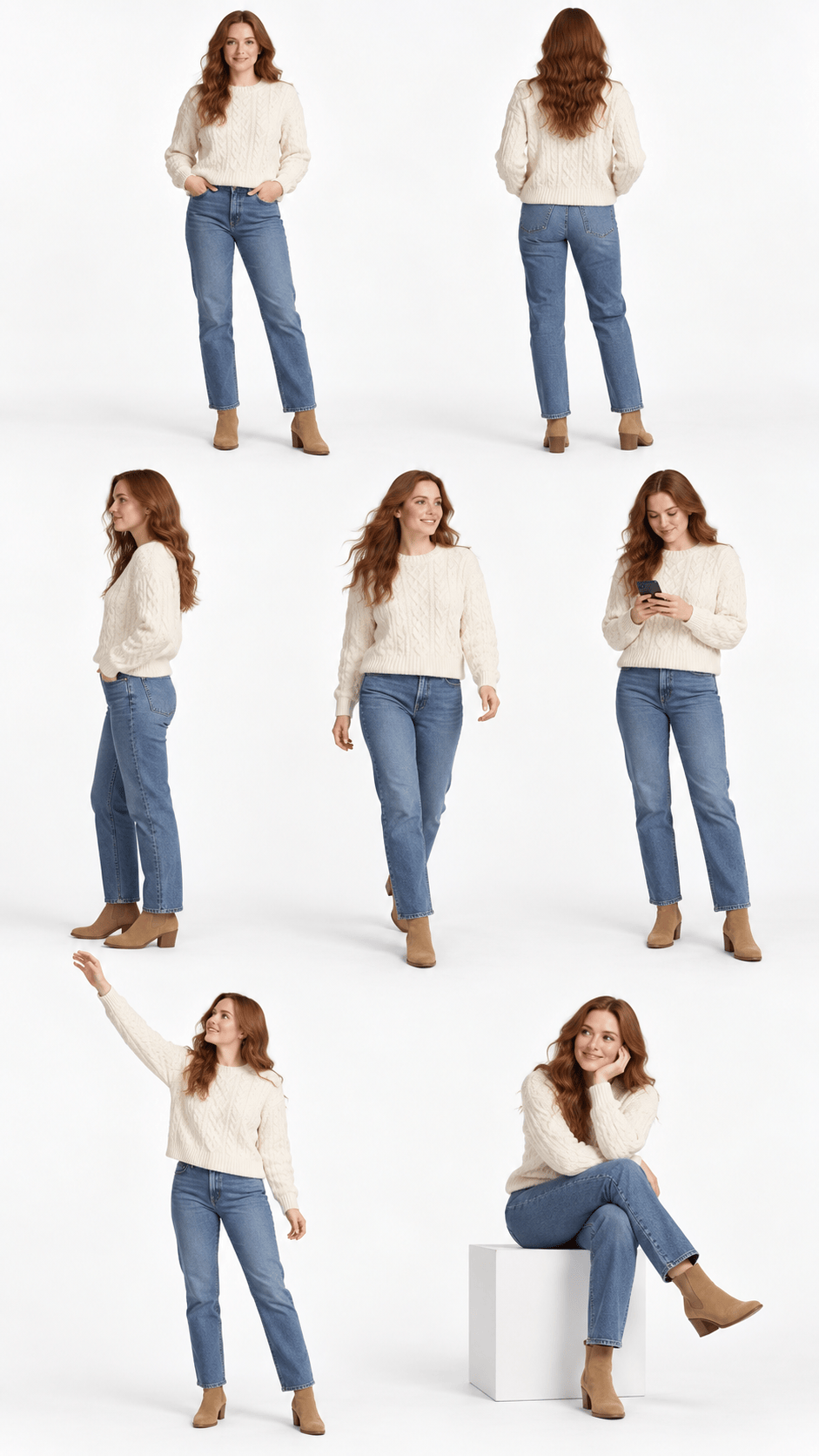 Seven-Pose Same-Outfit Challenge with consistent model and outfit