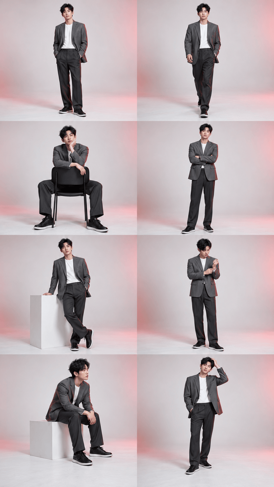 Eight-Pose Red-Light Studio Edit with consistent model and outfit