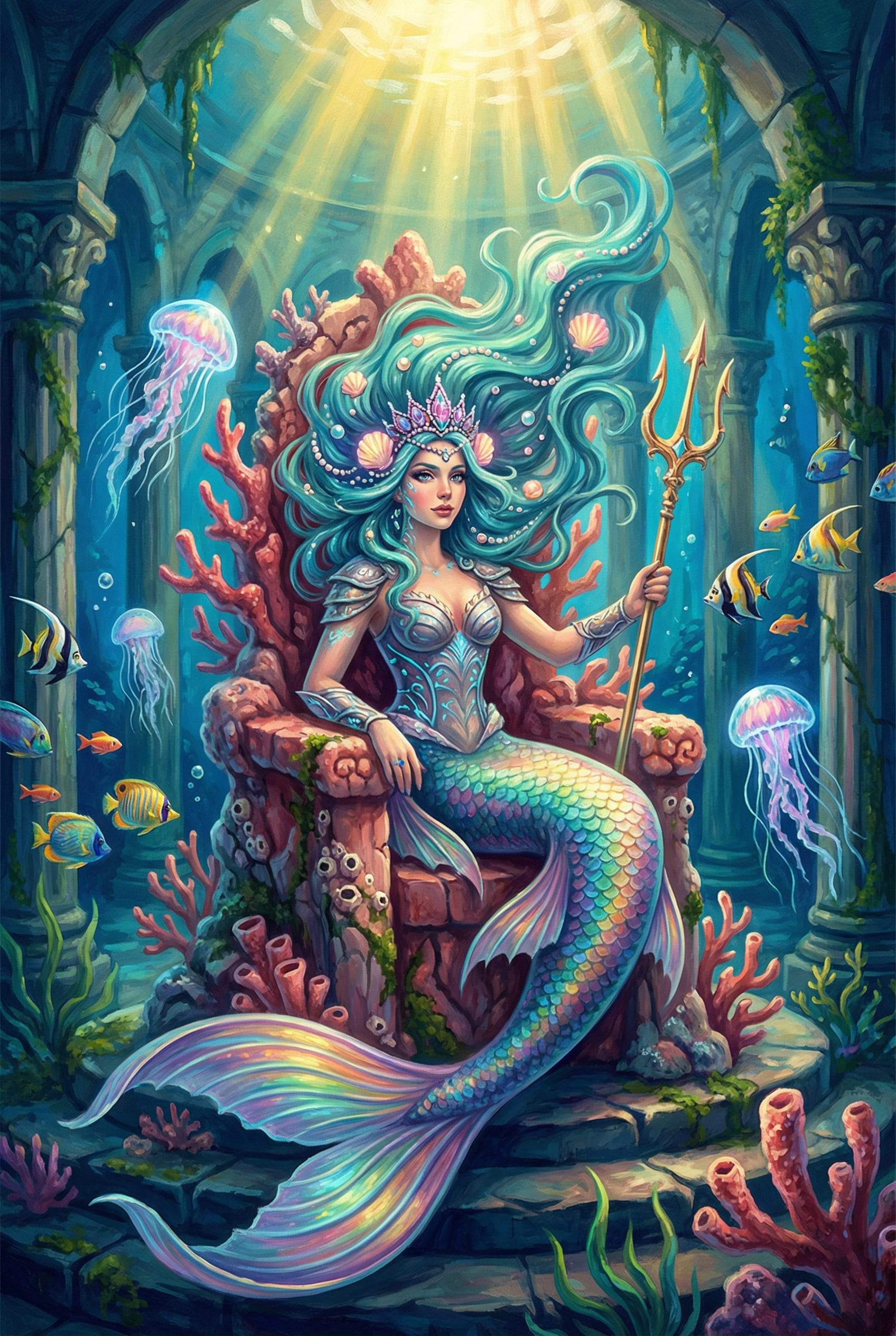 princesse sirène IA sur trône de corail dans l’océan