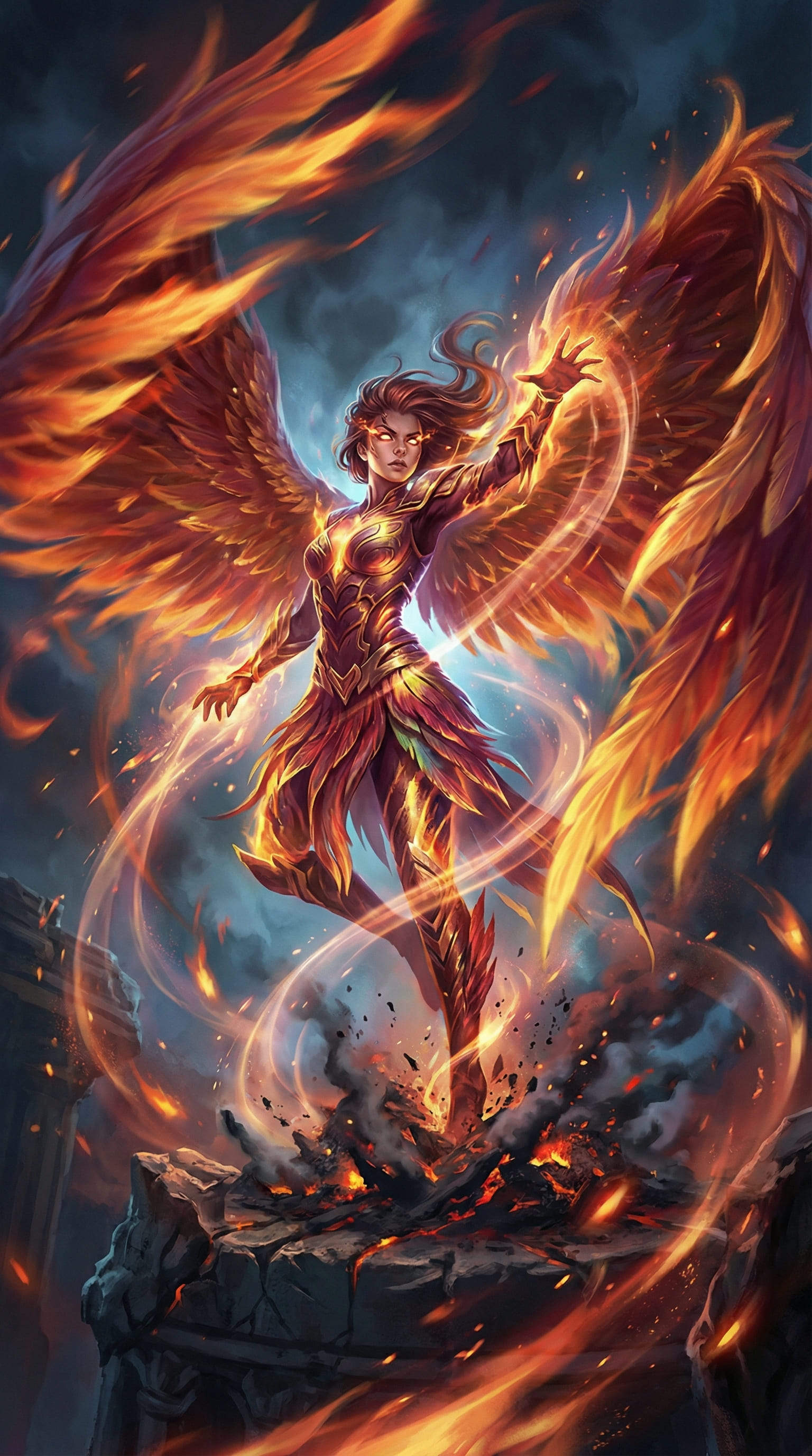 fille phénix IA aux ailes de feu en transformation dans les flammes