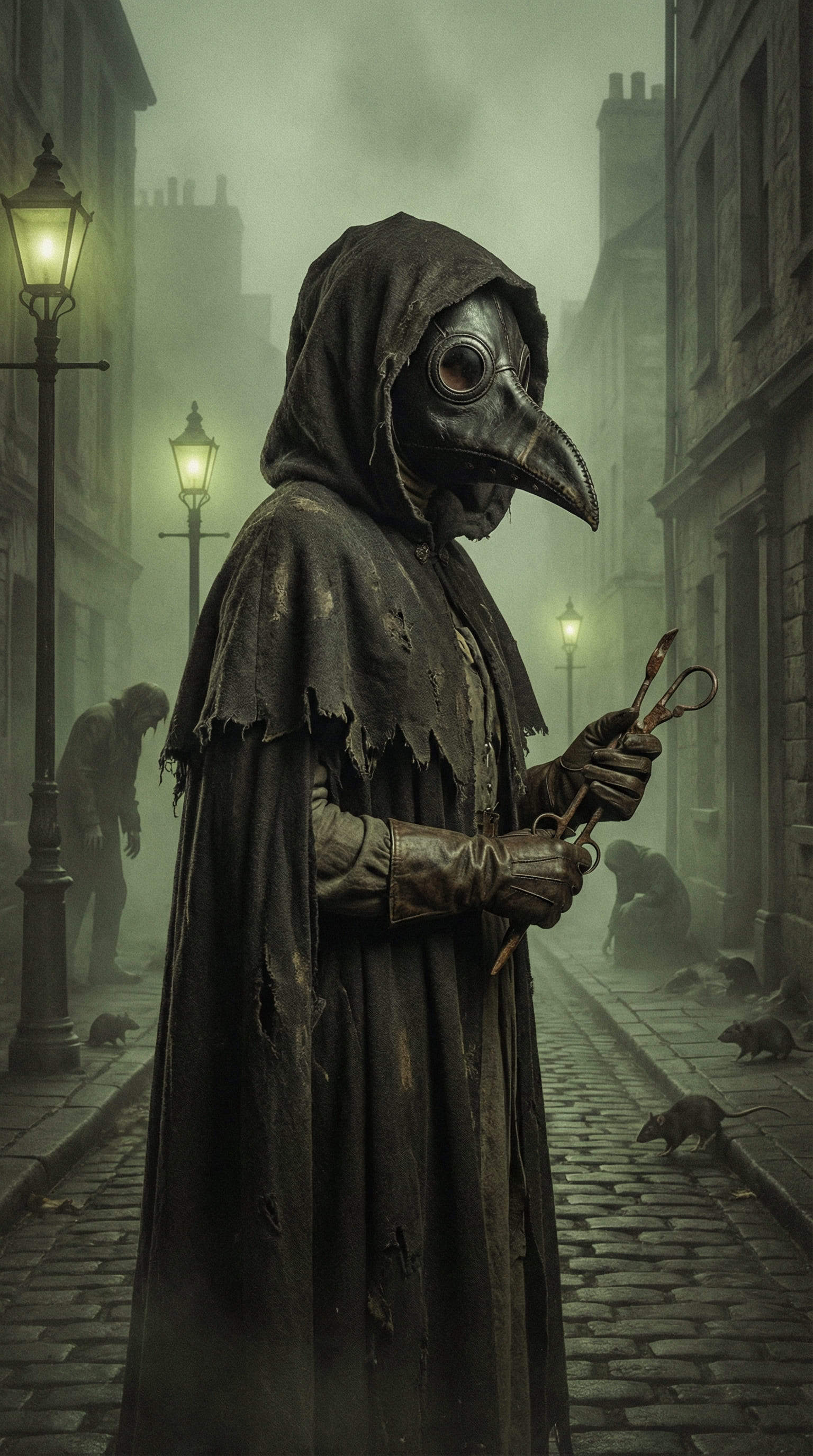 fille IA docteur de la peste masque à bec dans rue brumeuse