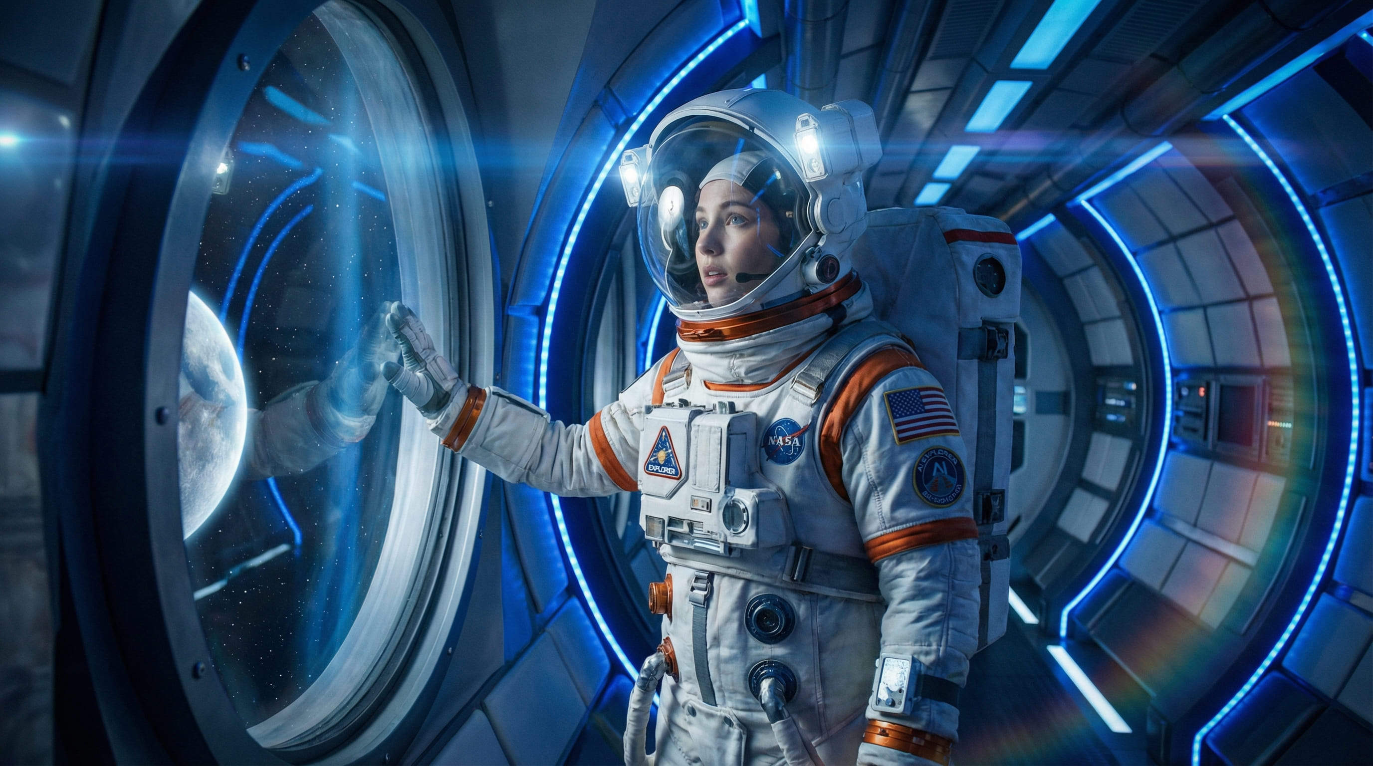 fille IA astronaute en combinaison NASA dans un vaisseau spatial