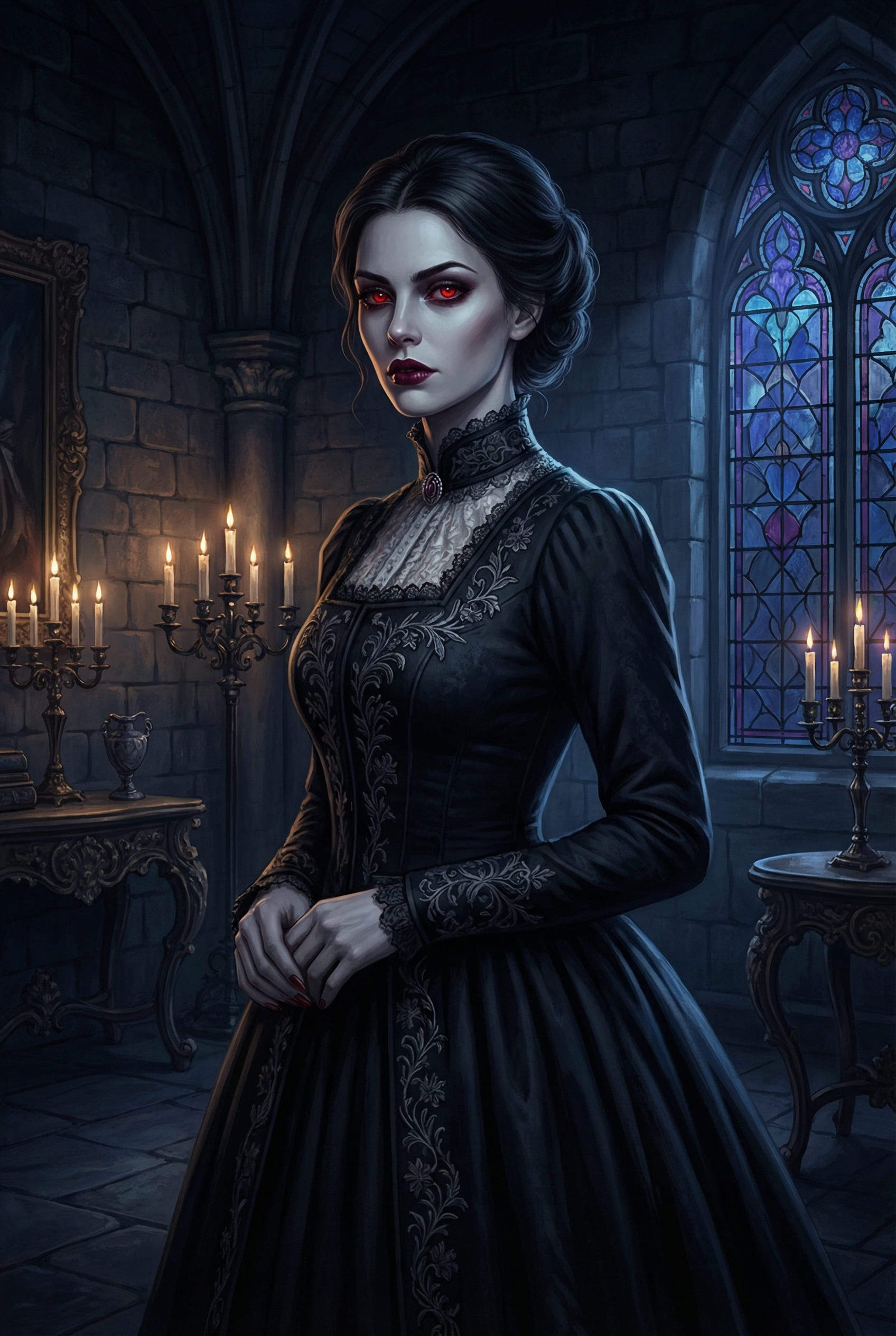 fille vampire IA aux yeux rouges dans un château gothique