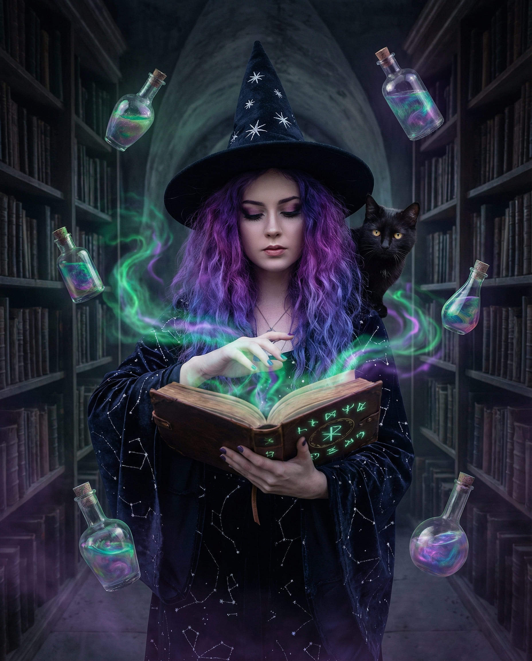 fille sorcière IA en robe violette avec grimoire