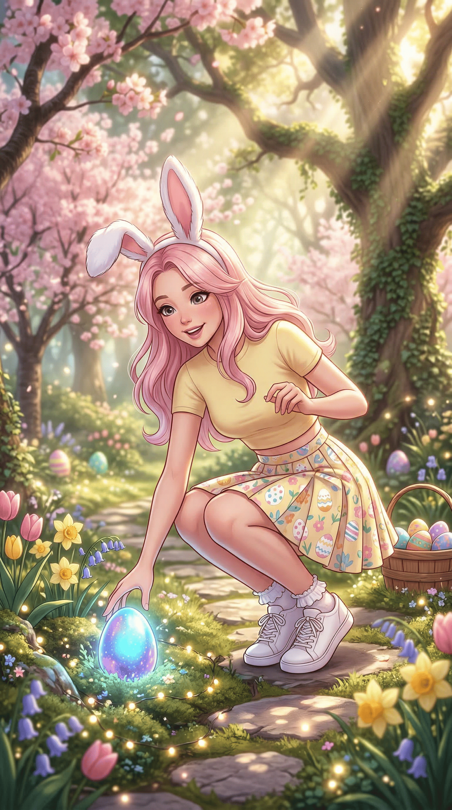 Anime Easter bunny girl pink hair magical garden