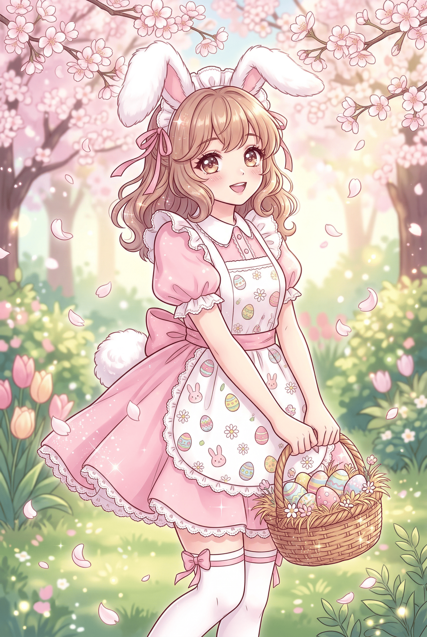 Chica conejo de Pascua anime con vestido de maid en jardín de primavera