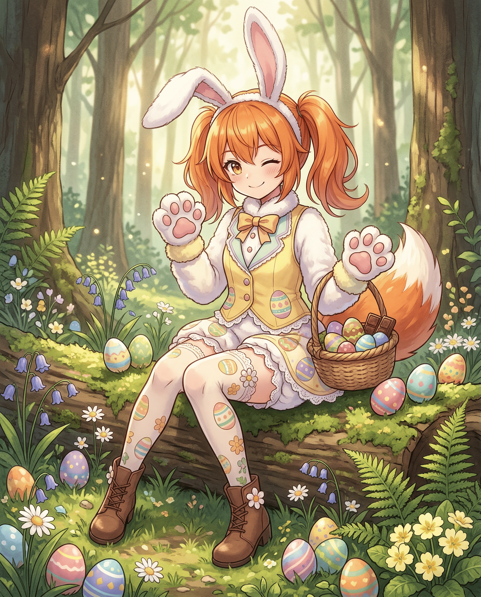Anime fox girl Easter bunny costume sunlit forest