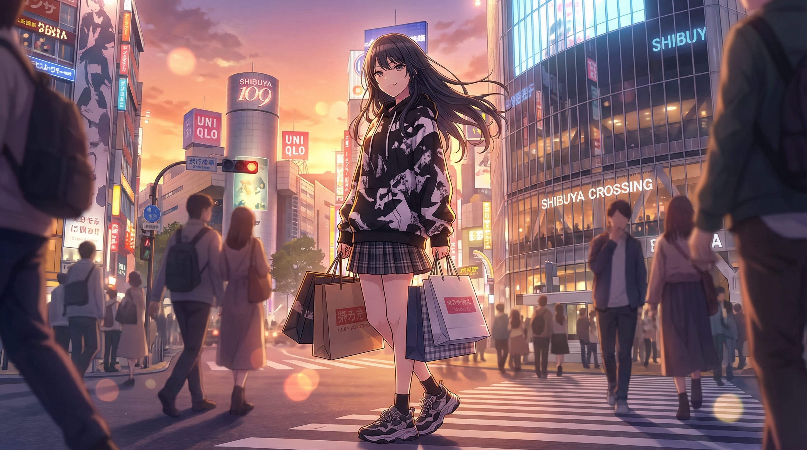 fille IA anime à Shibuya Tokyo en streetwear au coucher du soleil
