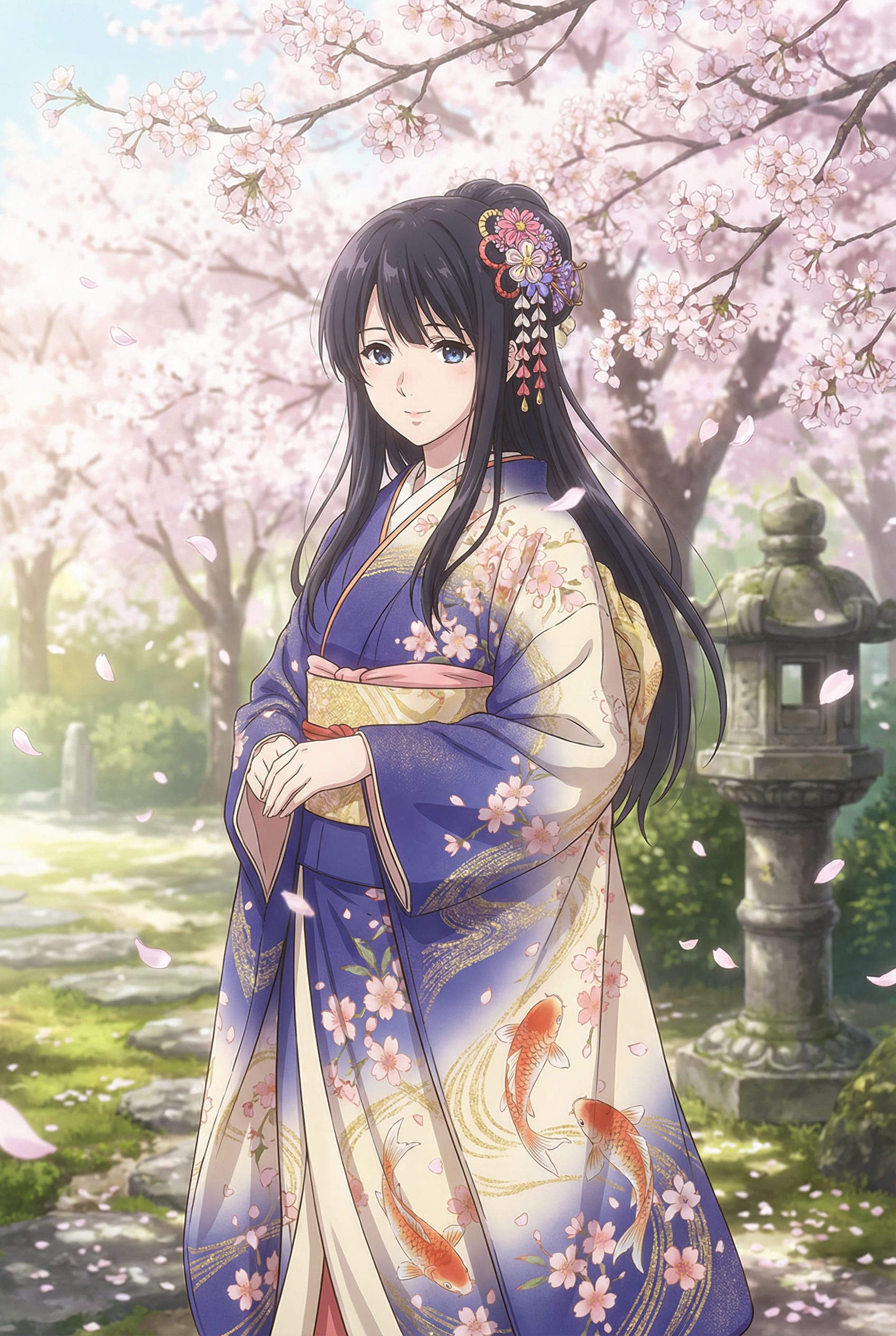 fille IA anime en kimono traditionnel de soie sous les sakuras