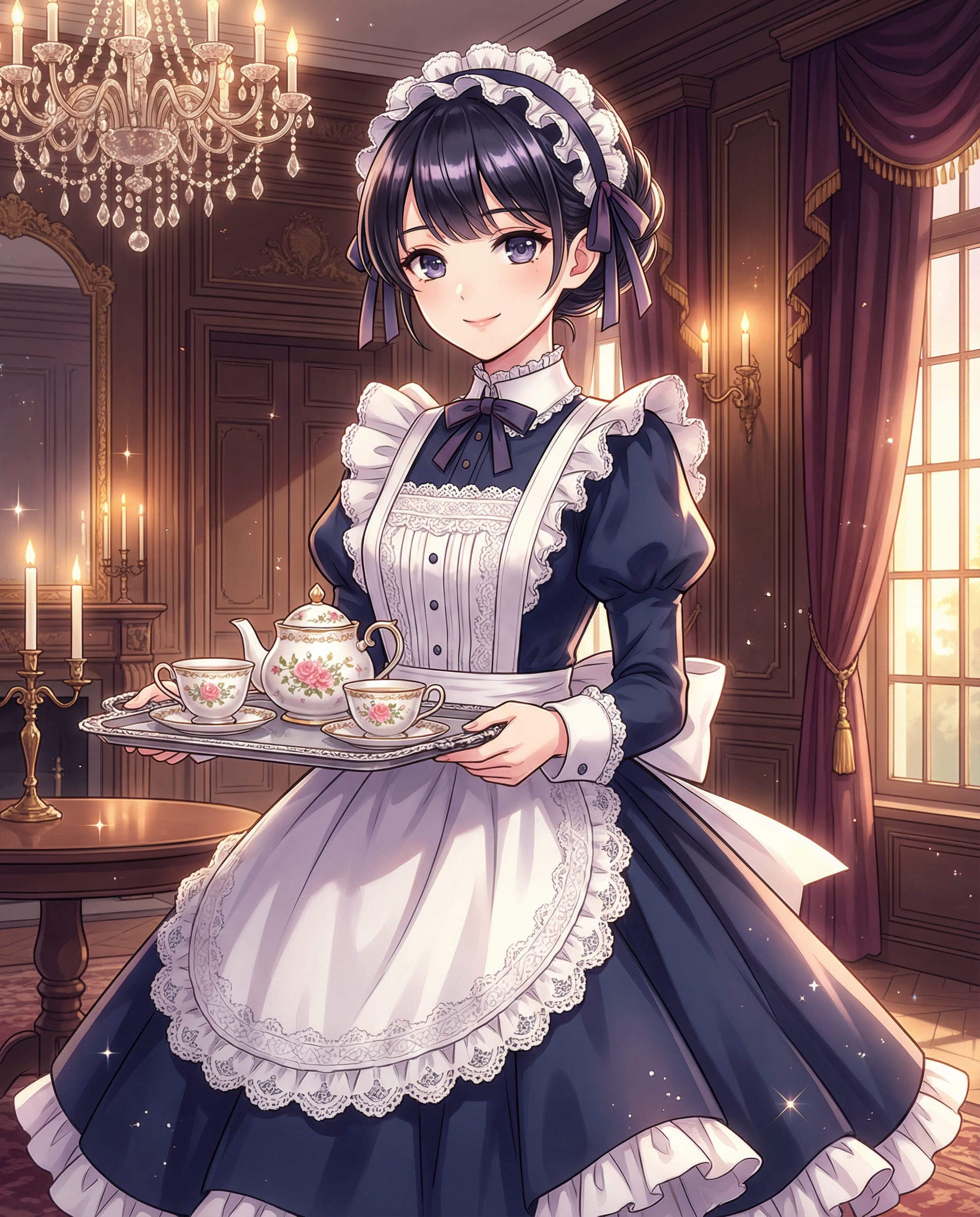 fille IA soubrette victorienne dans un manoir élégant avec service à thé