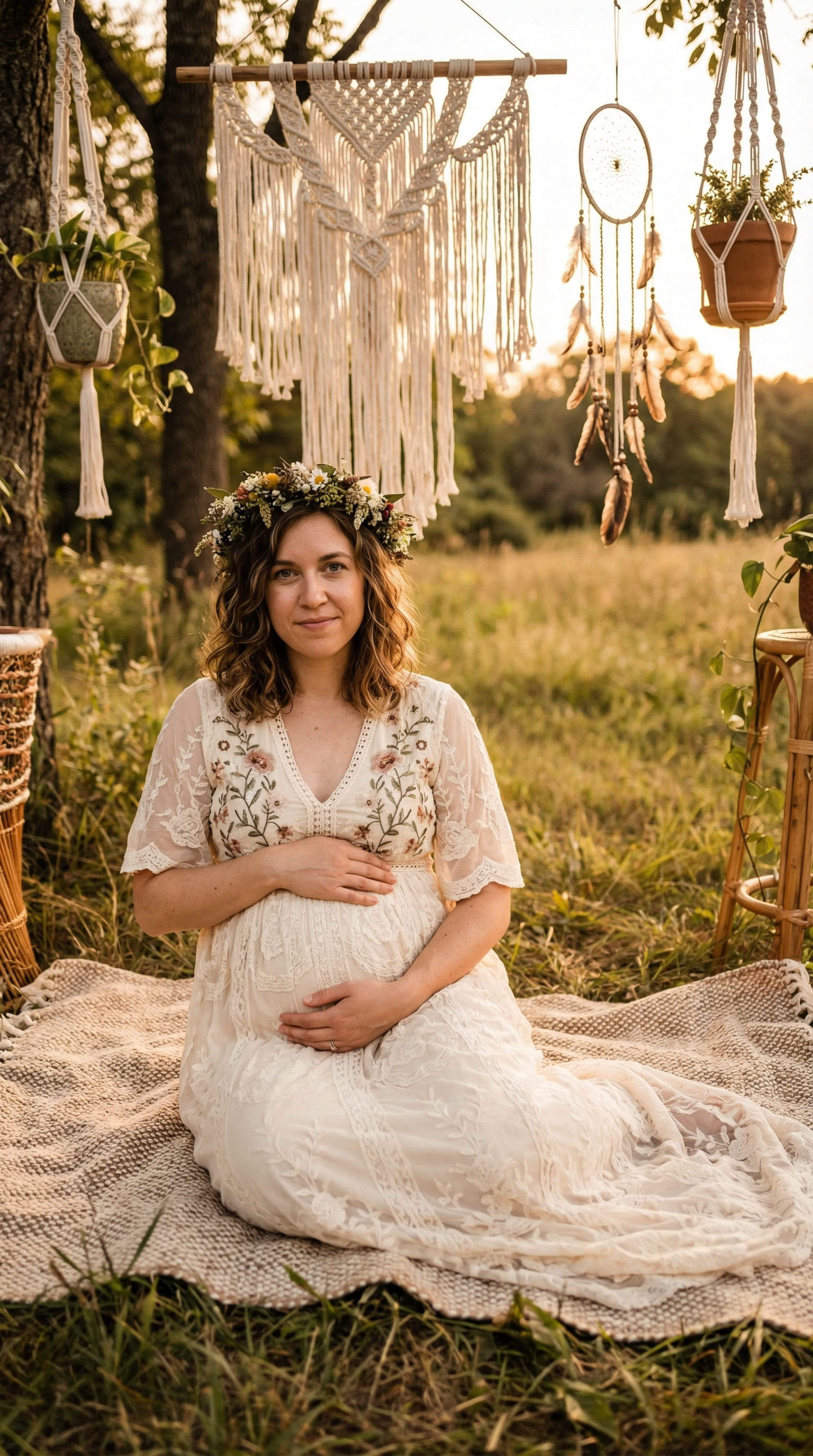 bohemian pregnant woman floral crown